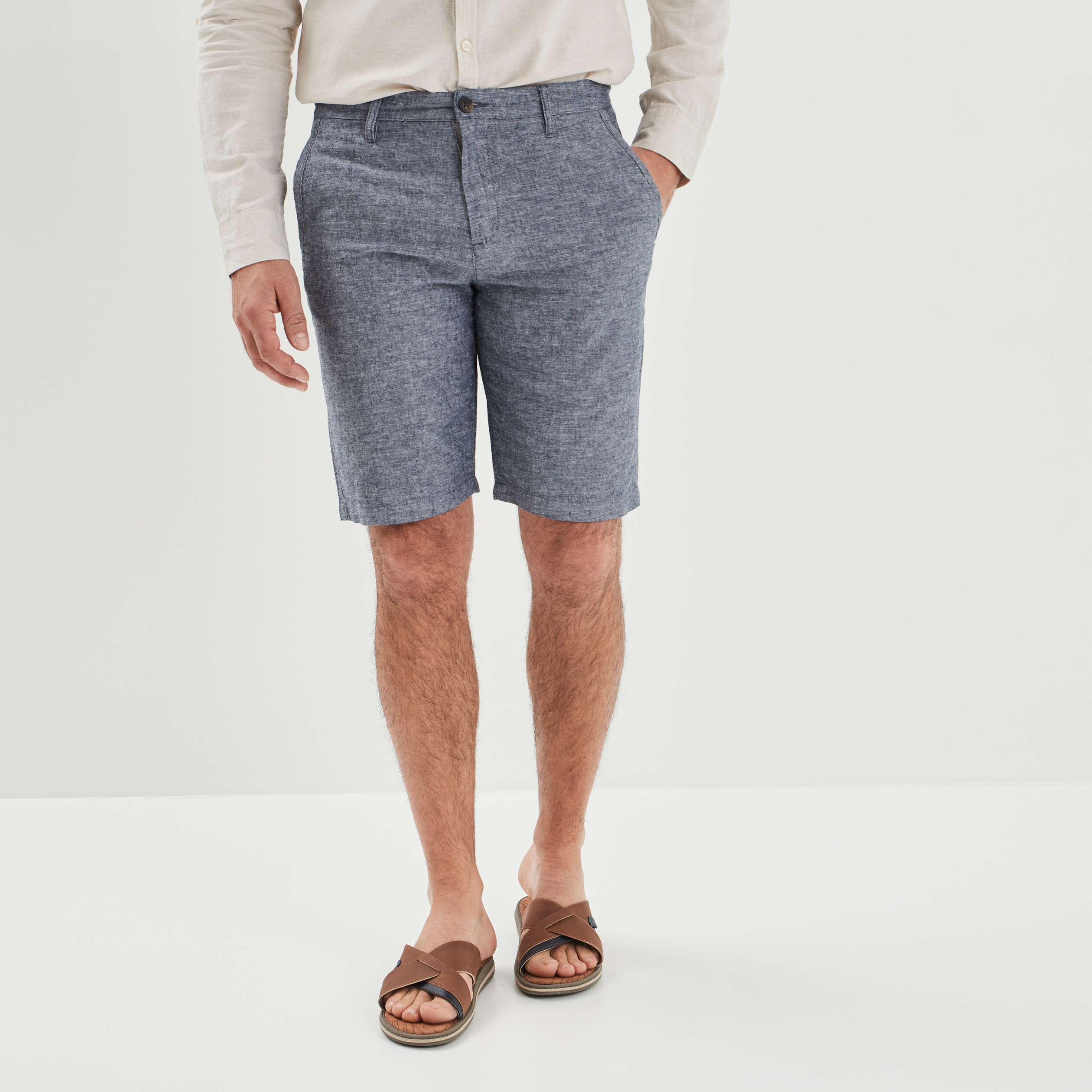 Short chino droit lin majoritaire bleu marine homme | La Halle