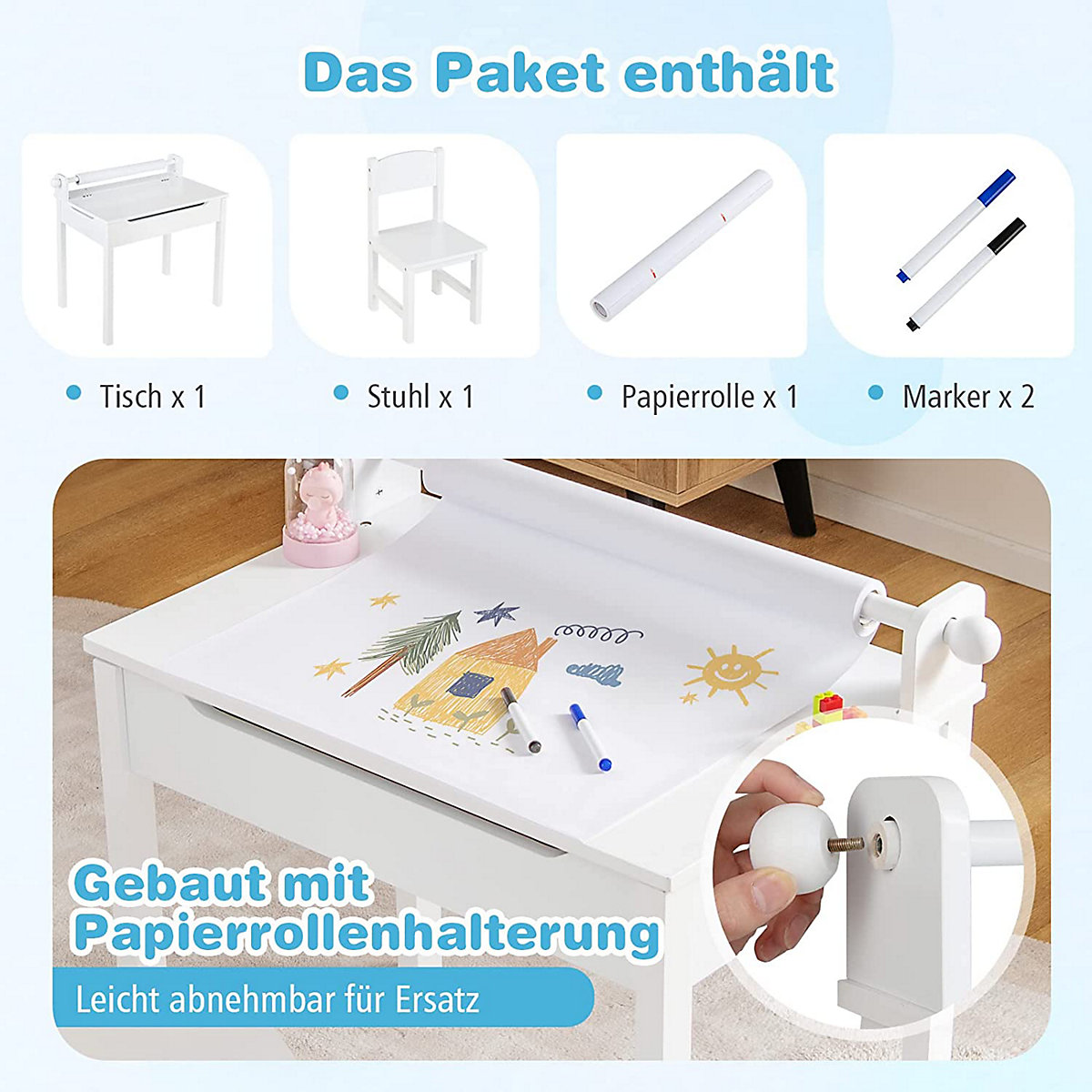 Sitzgruppe Schreibtisch mit Stuhl & Zeichenpapier