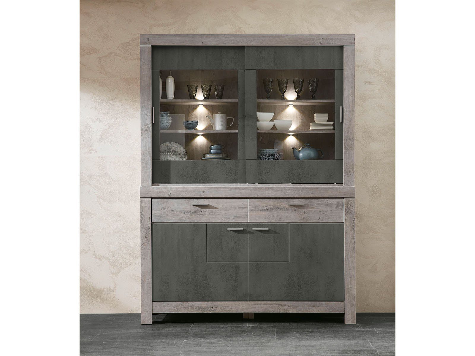 möbelando Buffet Gravesend Modernes Buffet in Haveleiche Nachbildung / Beton Oxid Nachbildung, Korpus aus Spanplatte, Front aus MDF bestehend aus 1 Sideboard und 1 Buffet-Aufsatz, inkl. LED-Beleuchtung. Breite 156 cm, Höhe 211 cm, Tiefe 42 cm