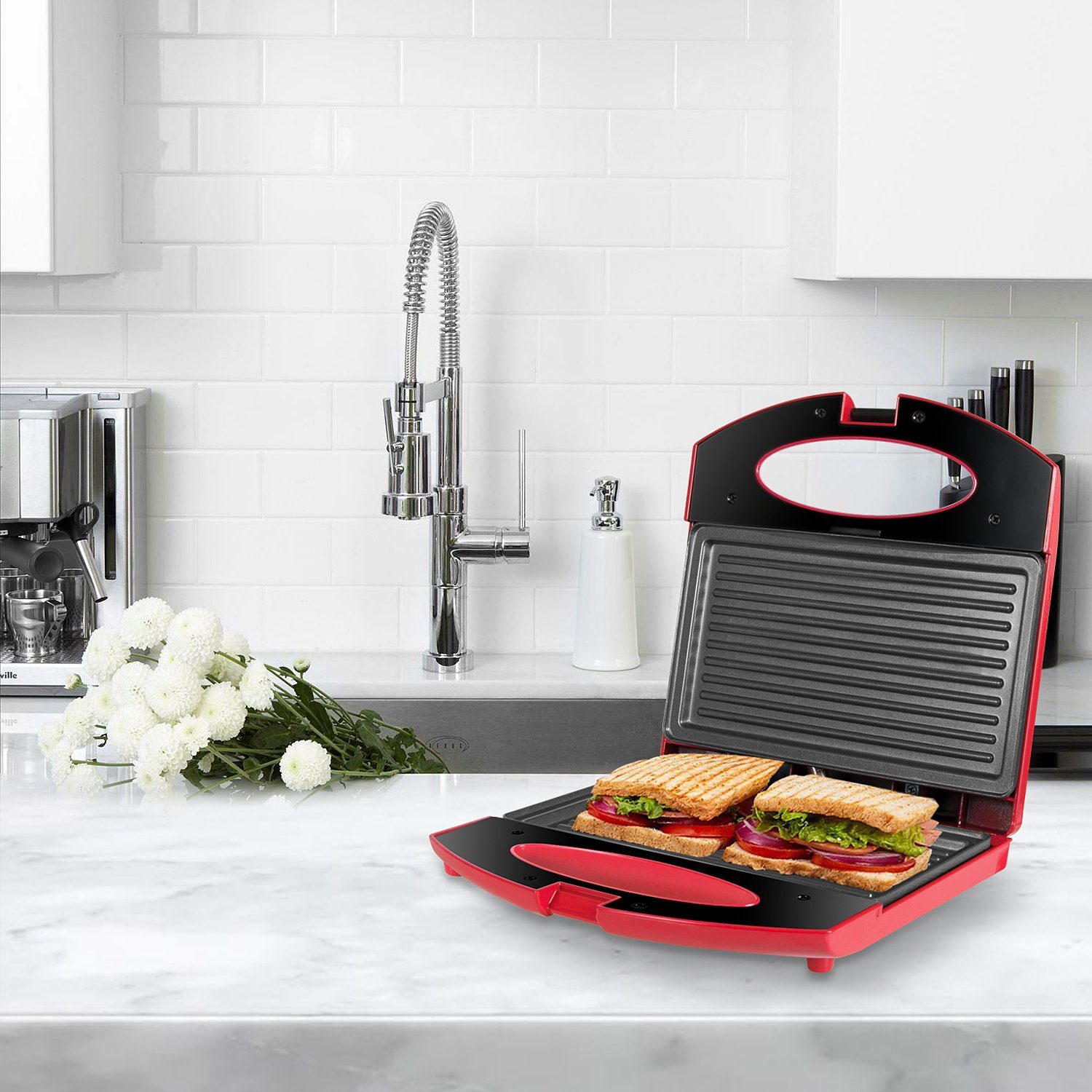 Gotoll Sandwichmaker GLHS115, 750 W, Sandwichtoasts, antihaftbeschichtete Platten, leichte Reinigung, kein Anbrennen, Sandwich-Grill, Kontaktgrills
