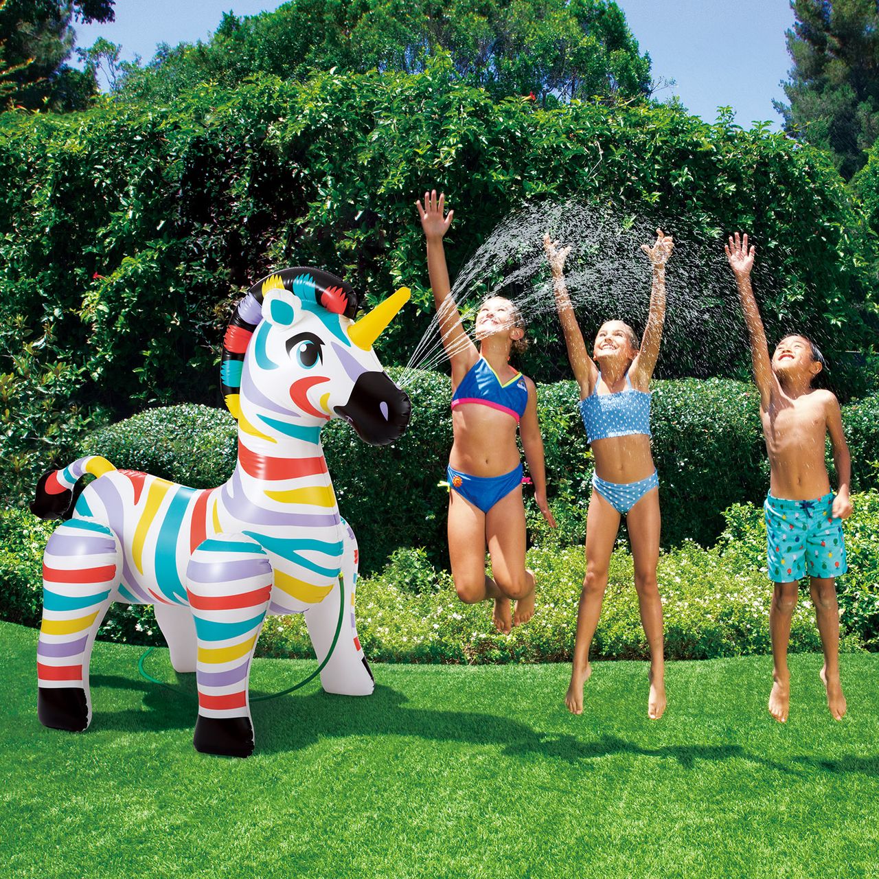 50NRTH Summer Waves aufblasbarer Wassersprinkler, Kinder Garten Wasserspiel, Zebracorn bunt,157x94x157cm