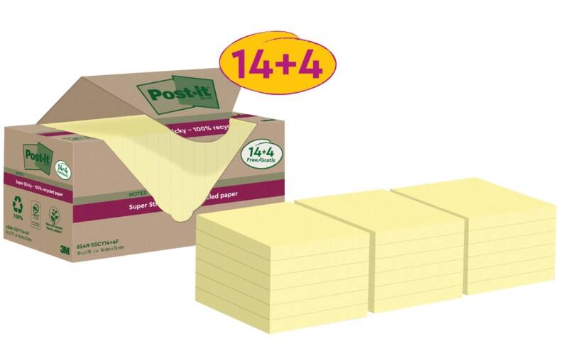 Post-it Super Sticky Recycelte Haftnotizen 76 x 76 mm Kanariengelb 70 Blatt Vorteilspackung 14   4 Gratis