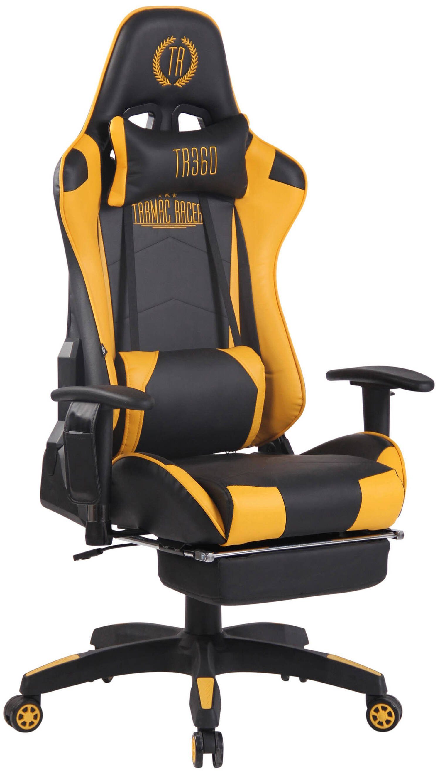 TPFLiving Gaming-Stuhl Turbine mit bequemer Rückenlehne - höhenverstellbar und 360° drehbar (Schreibtischstuhl, Drehstuhl, Gamingstuhl, Racingstuhl, Chefsessel), Gestell: Kunststoff schwarz - Sitz: Kunstleder schwarz/gelb