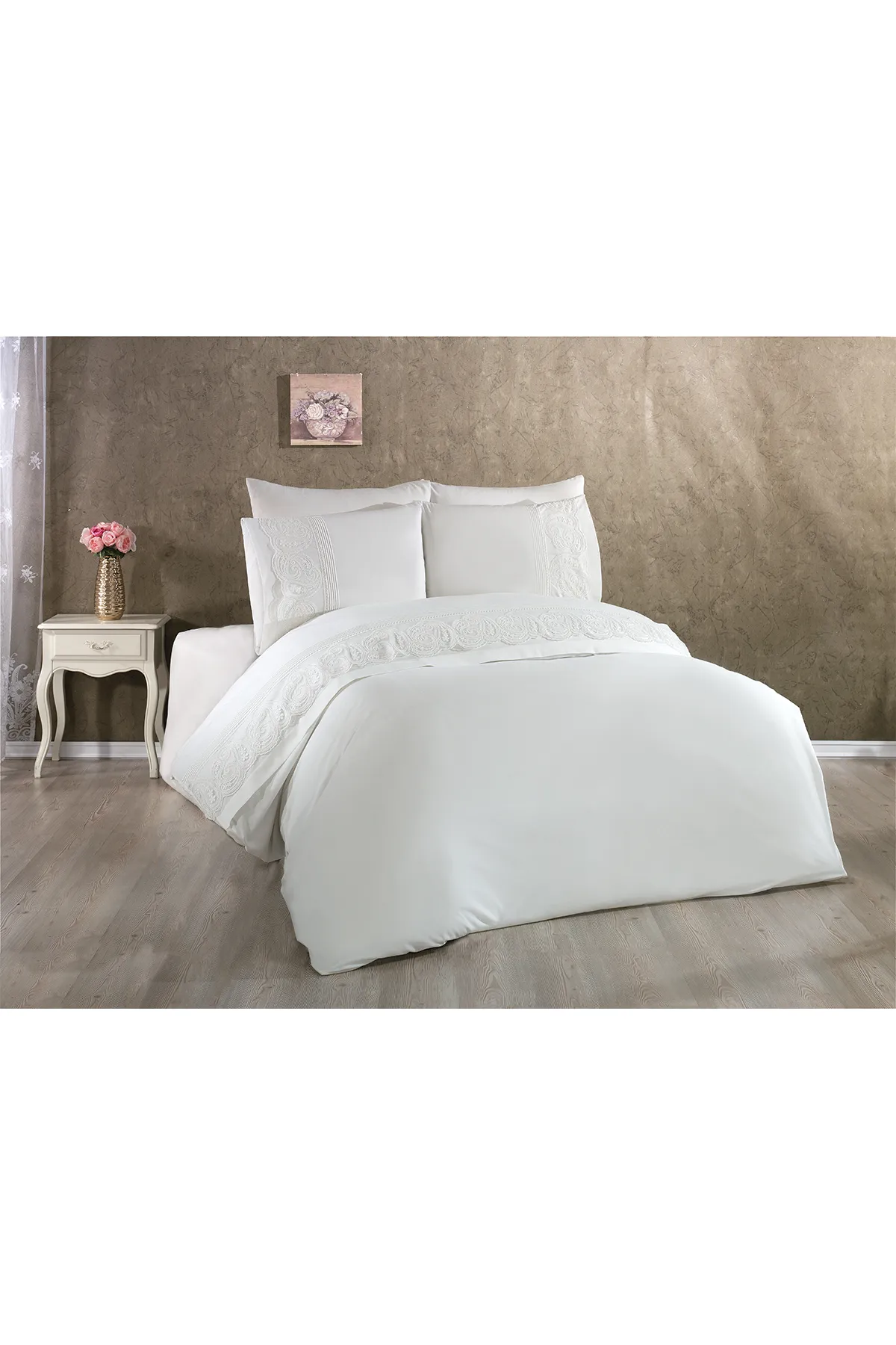 Çeyiz Diyarı  Schal-Bettbezug-Set mit französischer Spitze, gerippt, Creme