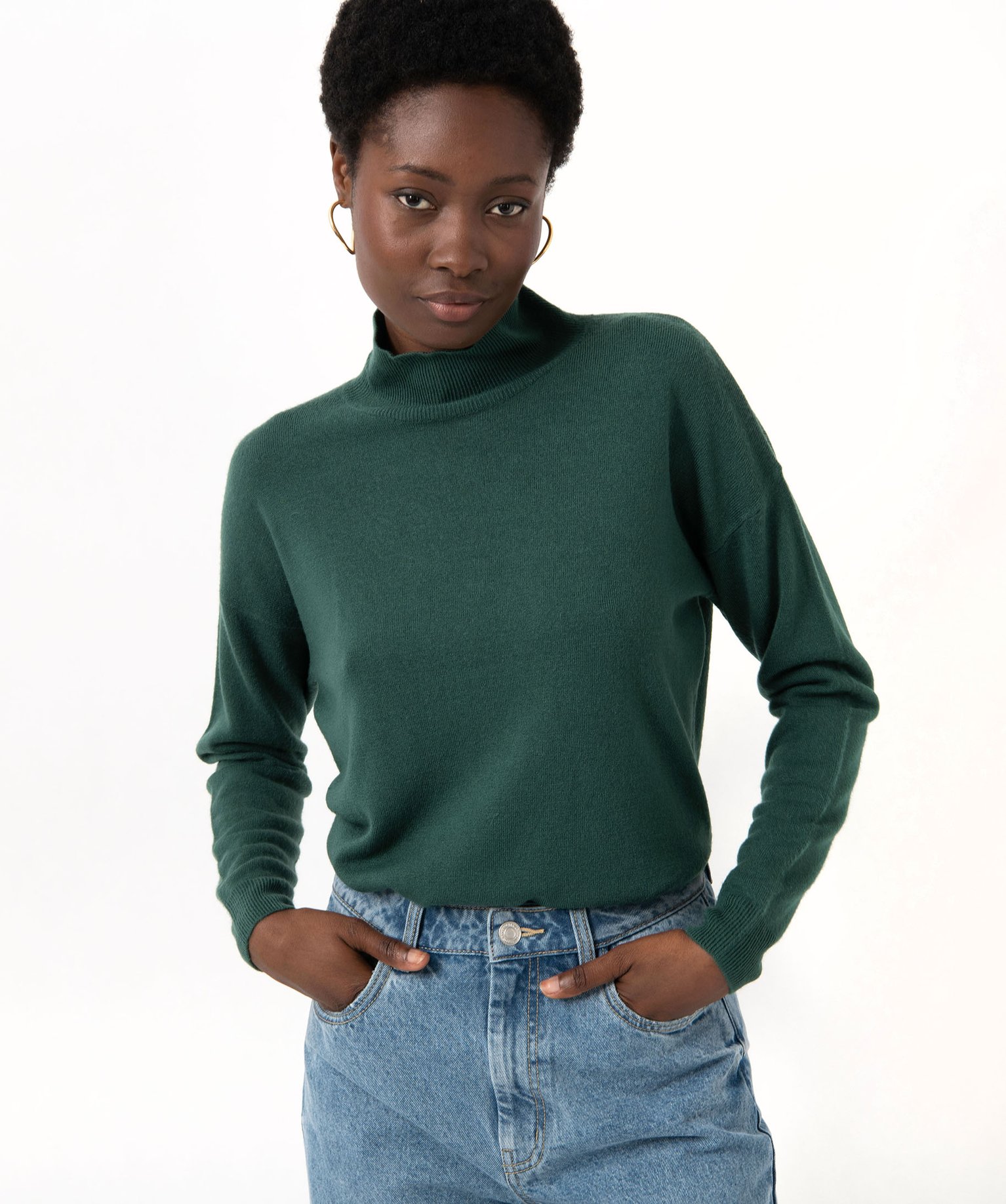 Pull à col montant en maille fine femme vert | GEMO