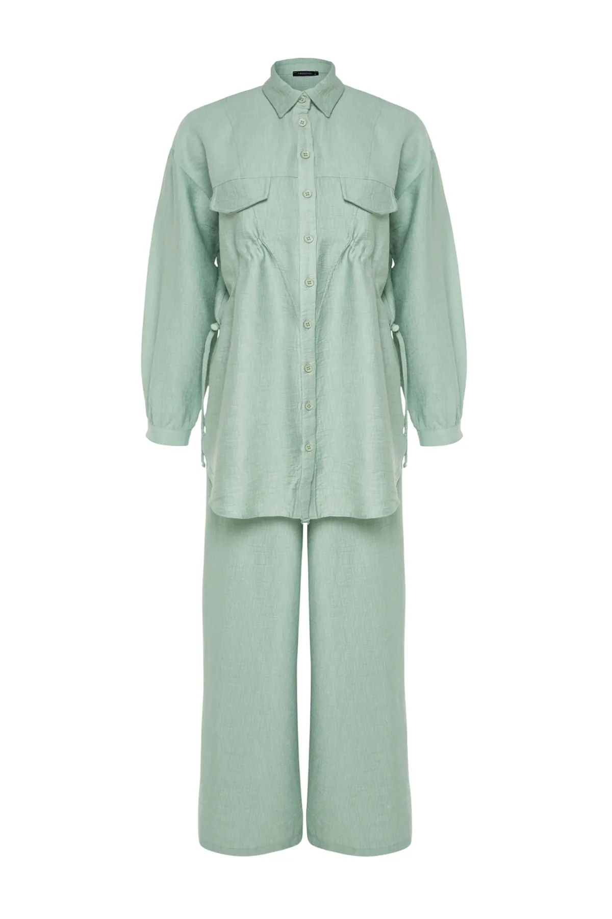 Trendyol Modest  Khakifarbenes, gewebtes Hemd-Hosen-Set mit geraffter Taille TCTSS23US00095