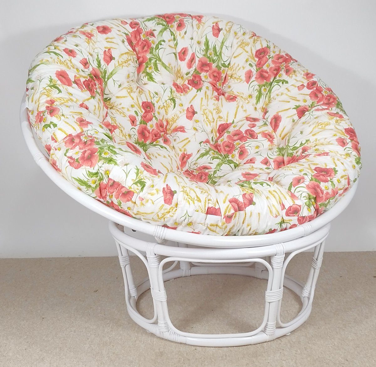 Rattani Rattanstuhl Rattan Papasan Sessel inkl. hochwertigen Polster, D 110 cm Weiß Lack