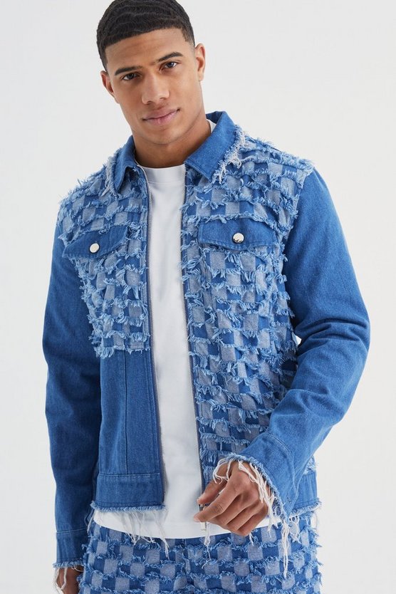 Gespleißte Jeansjacke mit Schachbrett-Print