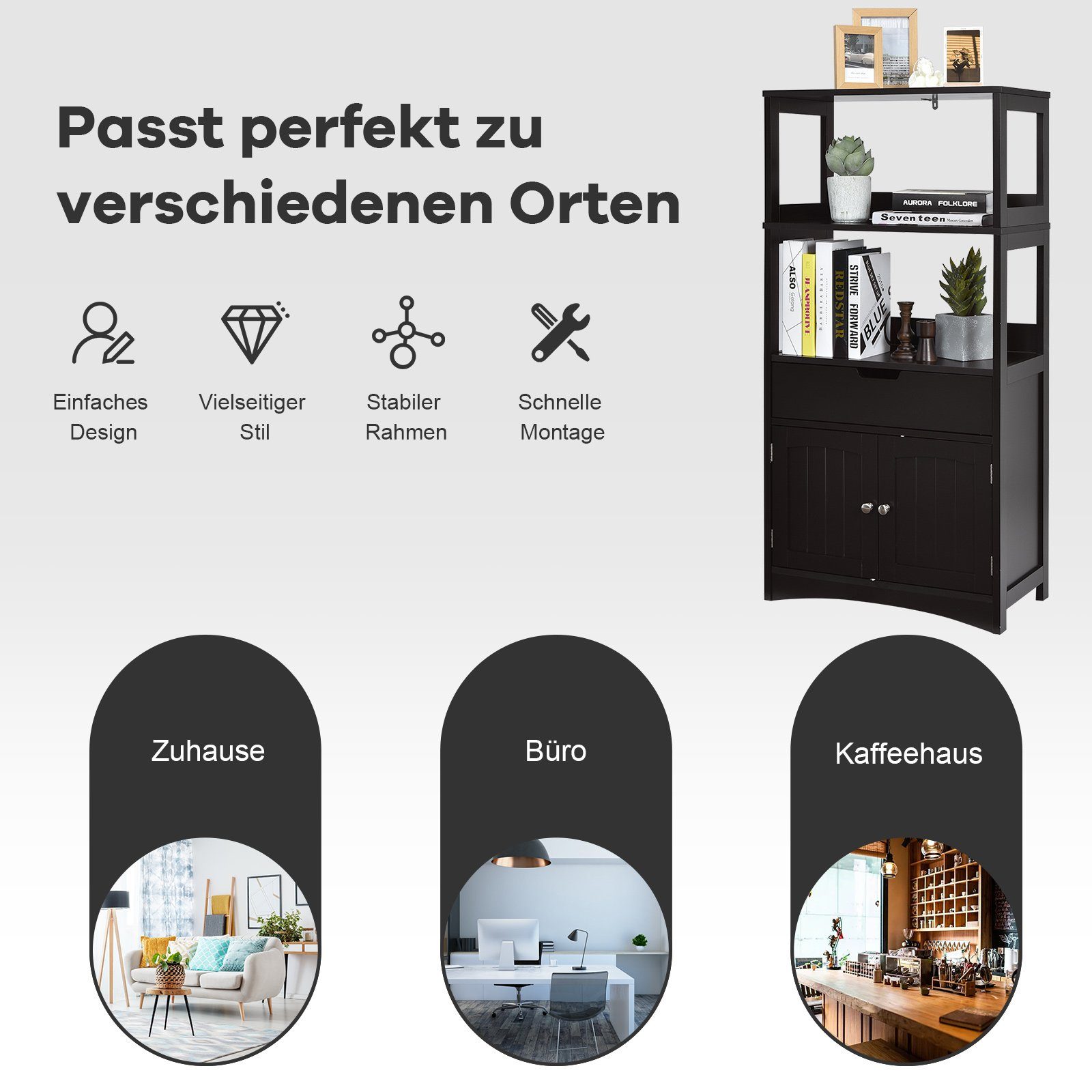 COSTWAY Mehrzweckschrank Bücherschrank mit Türen & 3 Regalen & Schublade