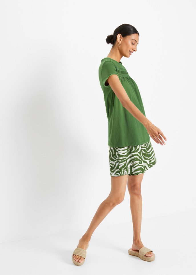 Baumwoll-Shirt mit Spitze in A-Line, kurzarm