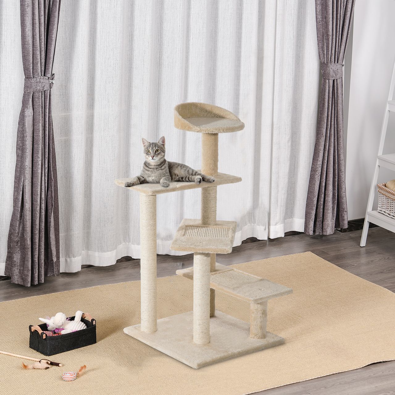 PawHut Kratzbaum mit Sisalsäulen, Katzenkratzbaum, Katzen Kletterbaum, Katzenbaum, Beige, 50 x 50 x 100 cm