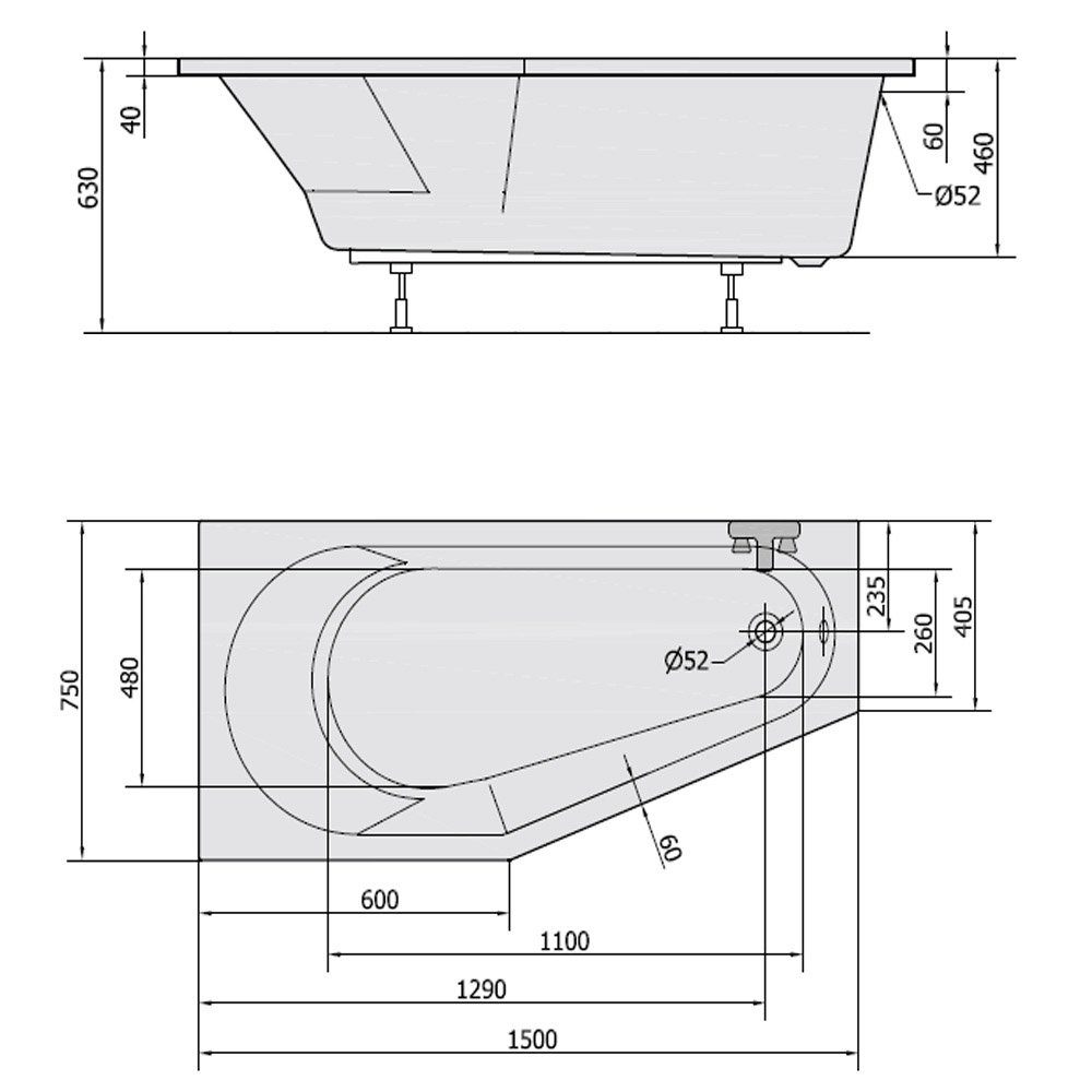 HAK Badewanne TIGRA Komplettset, (Komplettset), 150x75 cm