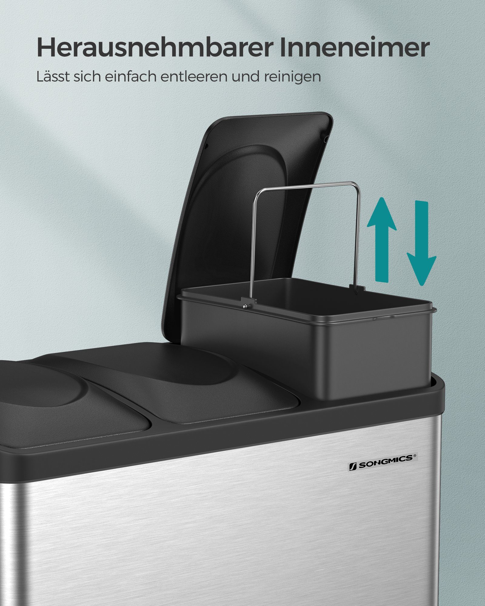 SONGMICS Mülleimer Mülltrennsystem, Abfalleimer, Edelstahl, 45 L
