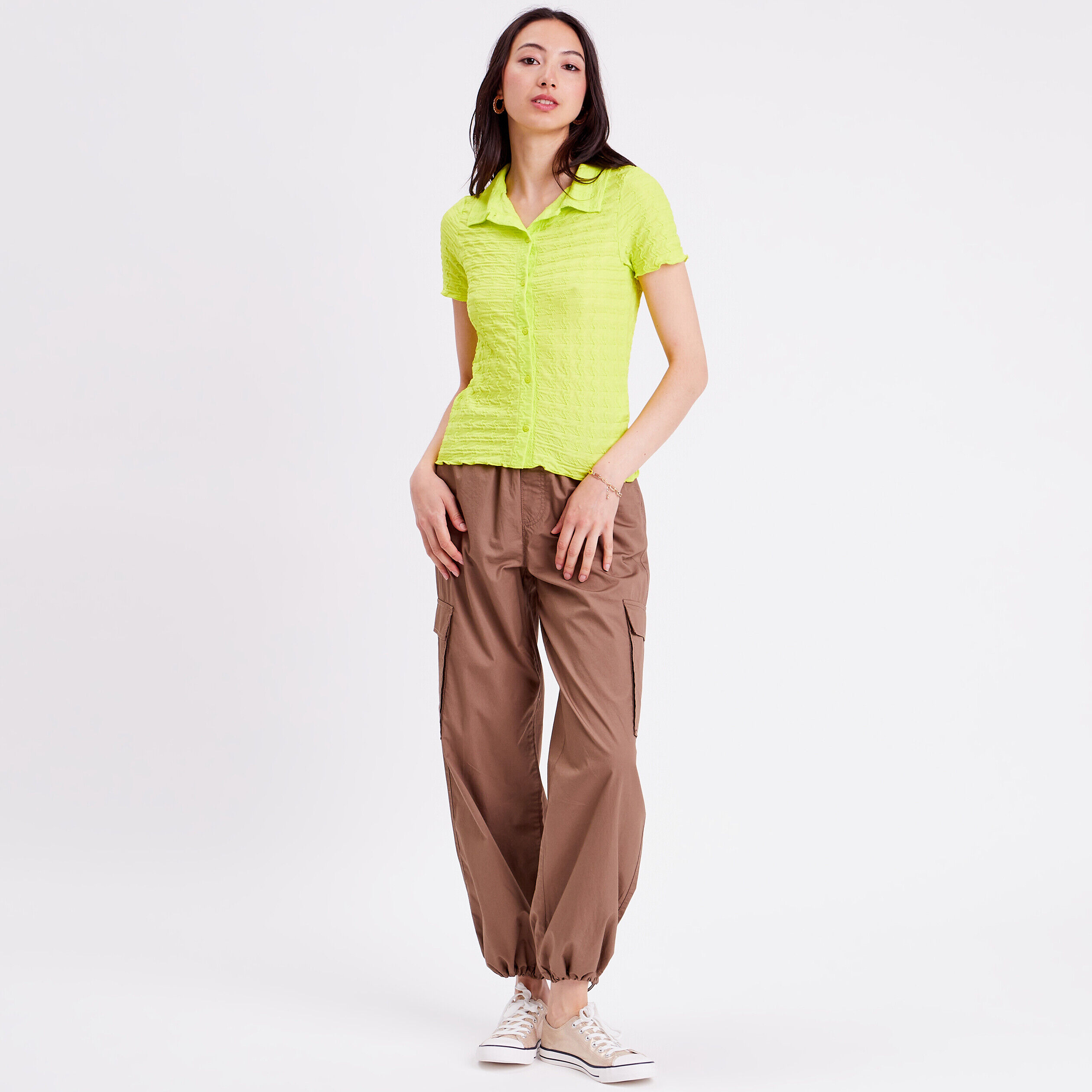 Blouse manches courtes gaufré jaune citron femme | Cache Cache