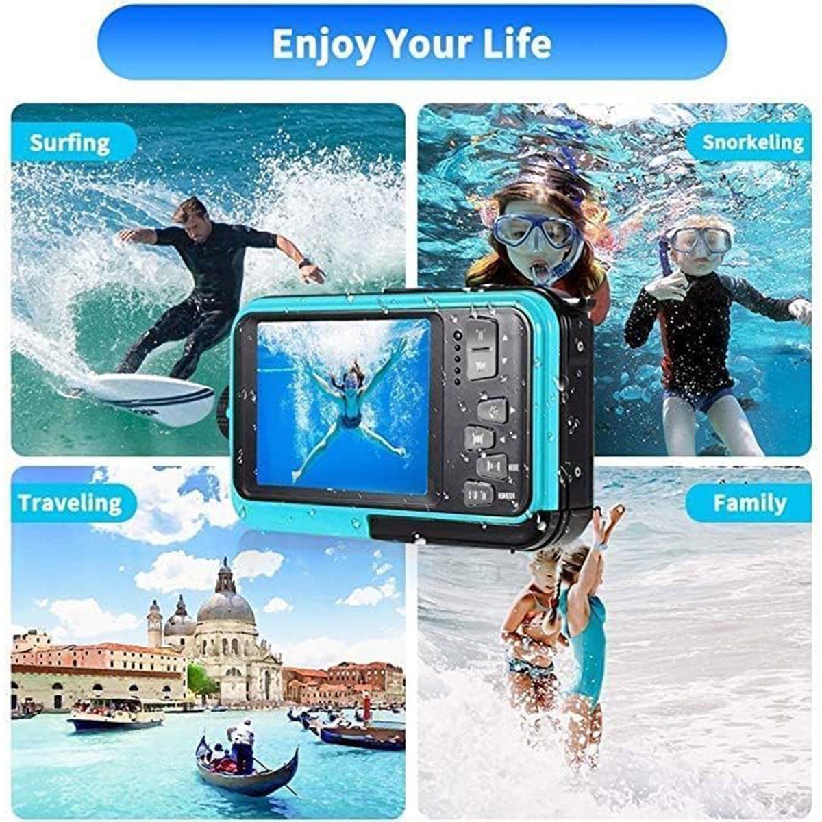 autolock Digitalkamera Fotokamera 2.7K Full HD 48MP 16X Digitalzoom Kompaktkamera (Wiederaufladbare Unterwasserkamera mit Karte für Schnorcheln)