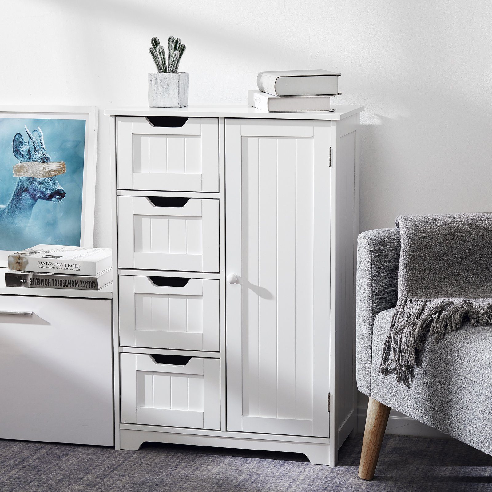 Mondeer Badkommode Badezimmerschrank, Wandkommode mit 4 Schubladen und 1 Tür, Verstellbar, Weiß