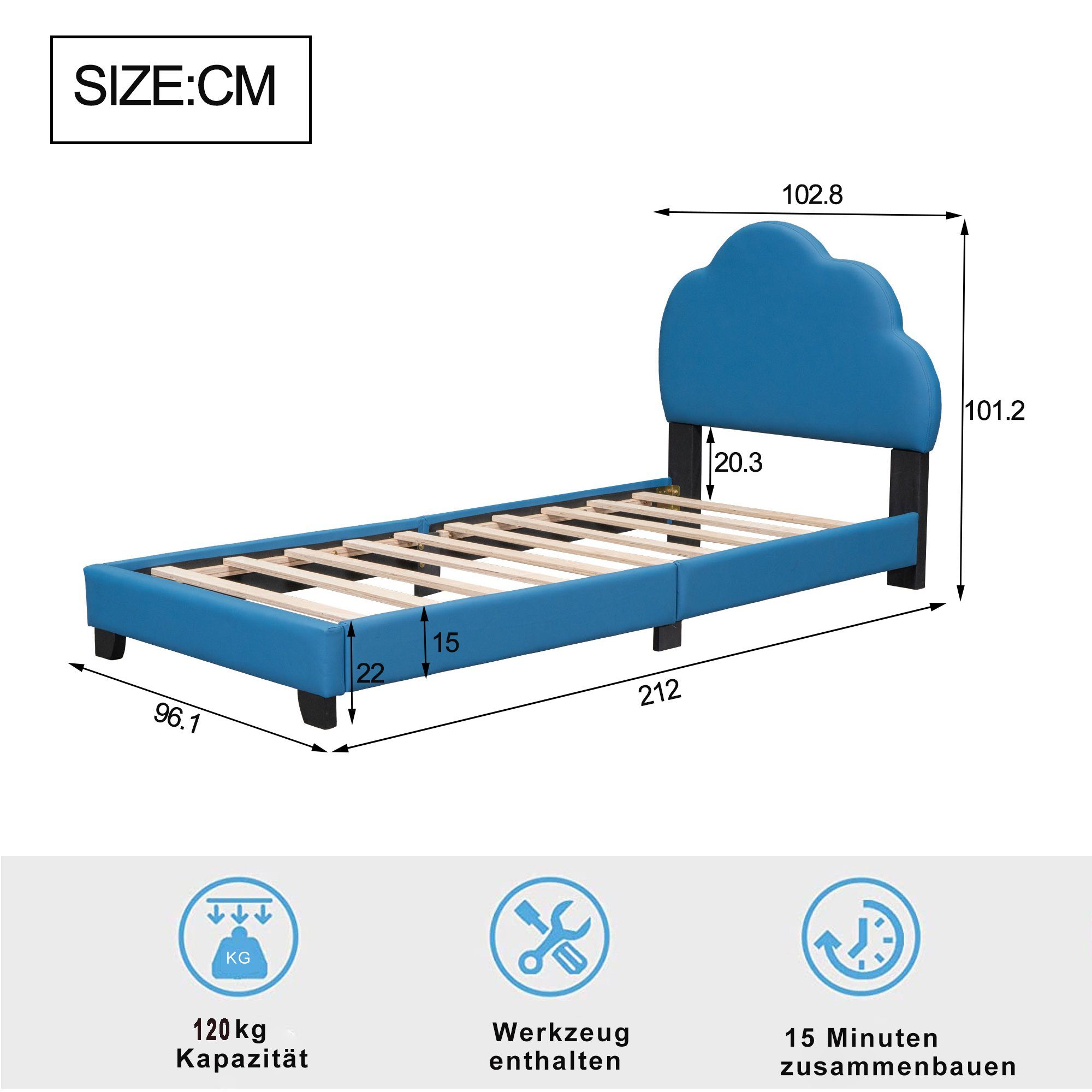 Flieks Polsterbett, Kinderbett Einzelbett mit Wolkenform Kopfteil 90x200cm Kunstlederbezug
