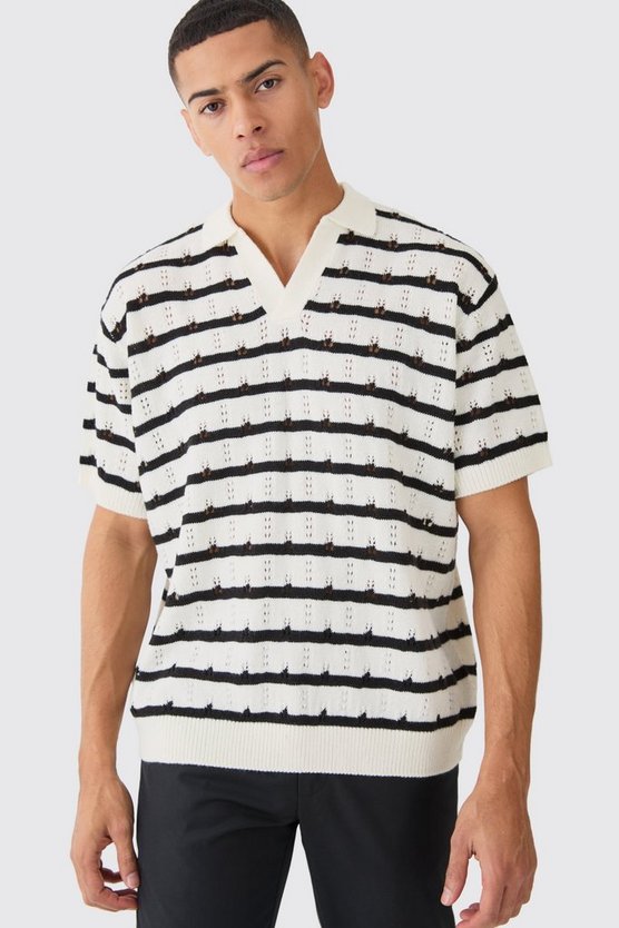 Kurzärmliges gehäkeltes Oversize Poloshirt mit Streifen