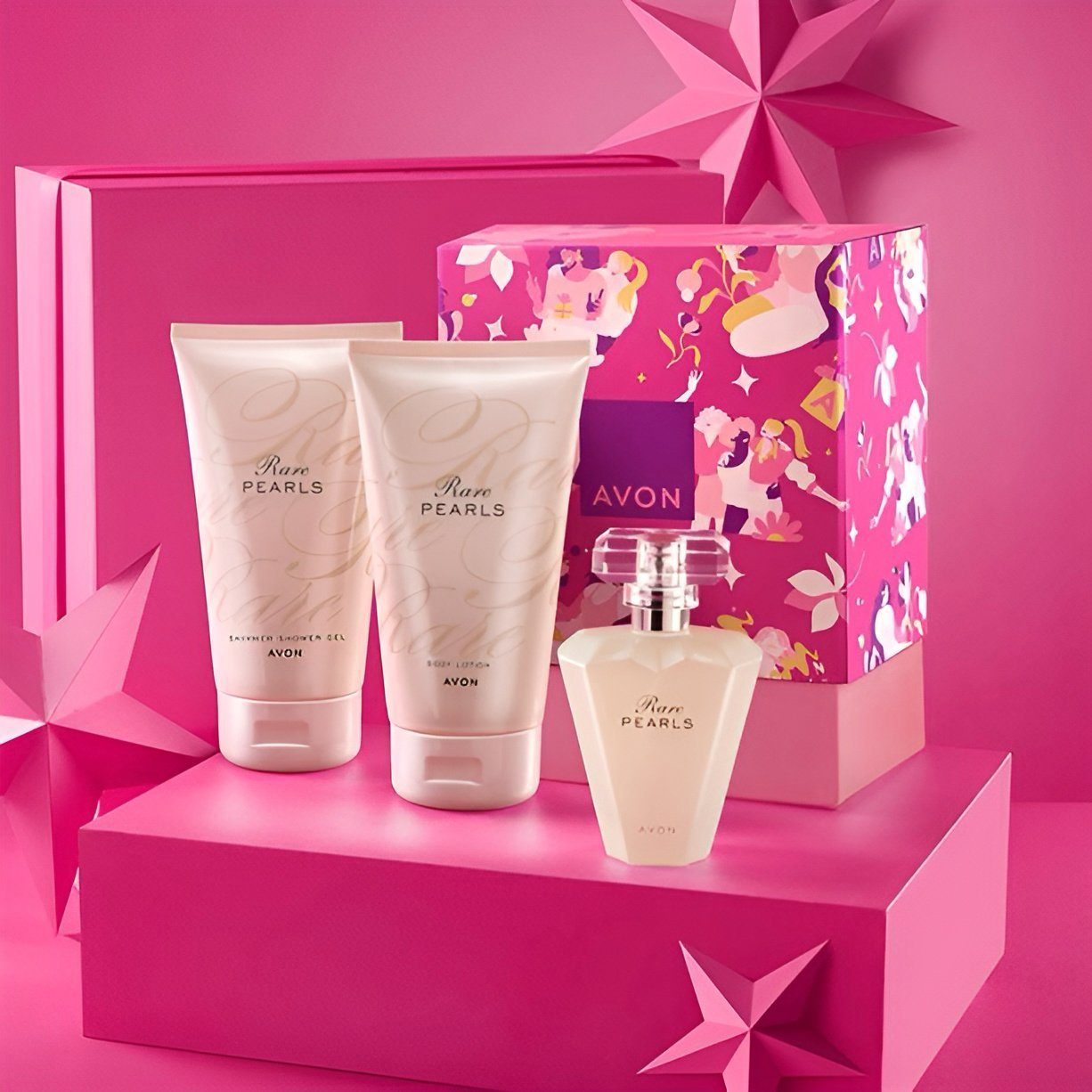 AVON Cosmetics Pflege-Geschenkset RARE PEARLS Eau de Parfum 50 ml, Body Lotion 150 ml, Duschgel 150 ml Bis zu 24 Stunden Frische Mattes Finish Spurenfrei Atmungsaktive Formel Feuchtigkeits- und hitzeresistent Angenehmes Gefühl Set, 3-tlg., Geschenkid