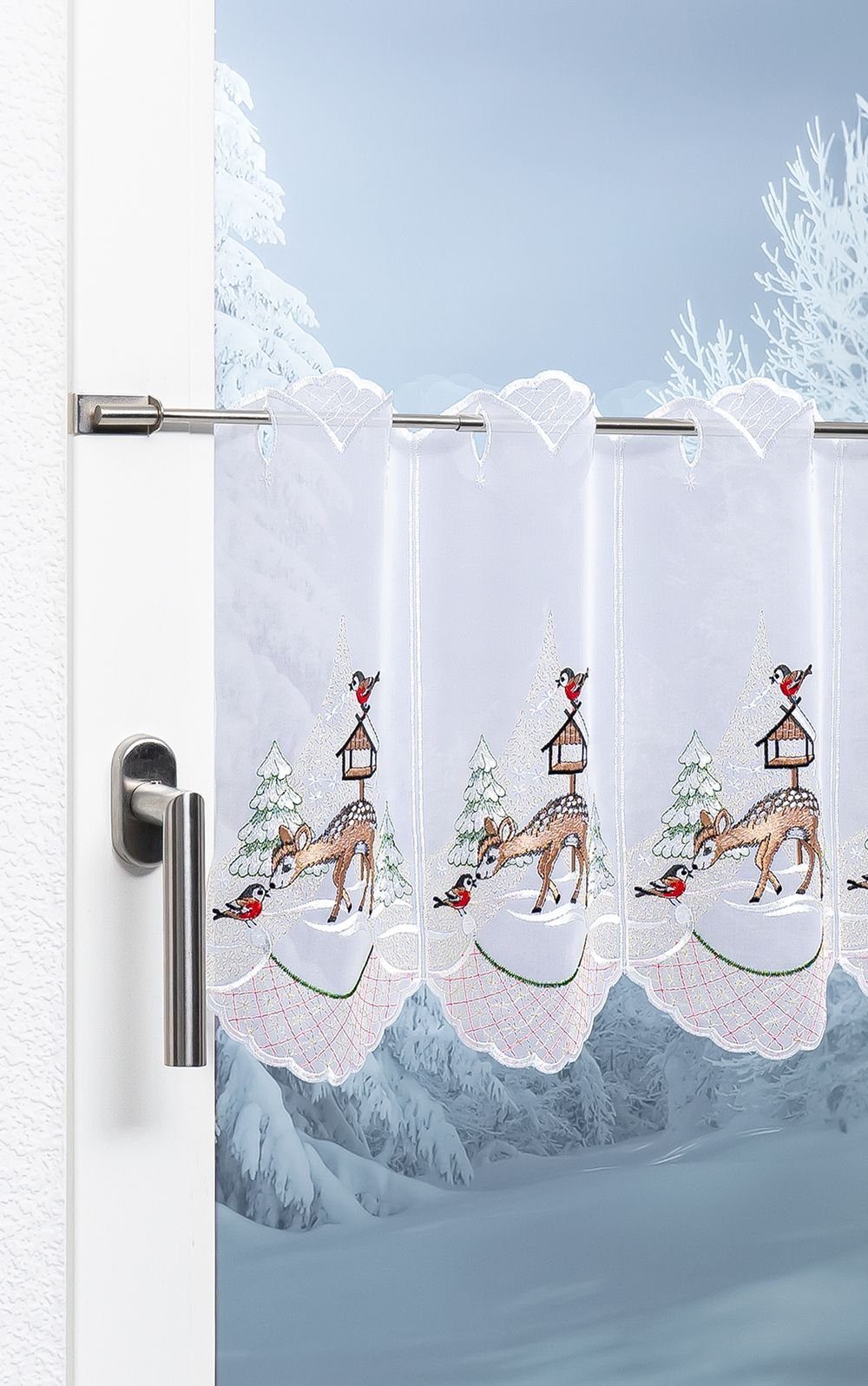 Scheibengardine Rehkitz im Winter, Plauener Spitze®, (1 St), transparent, HxB 35x48cm