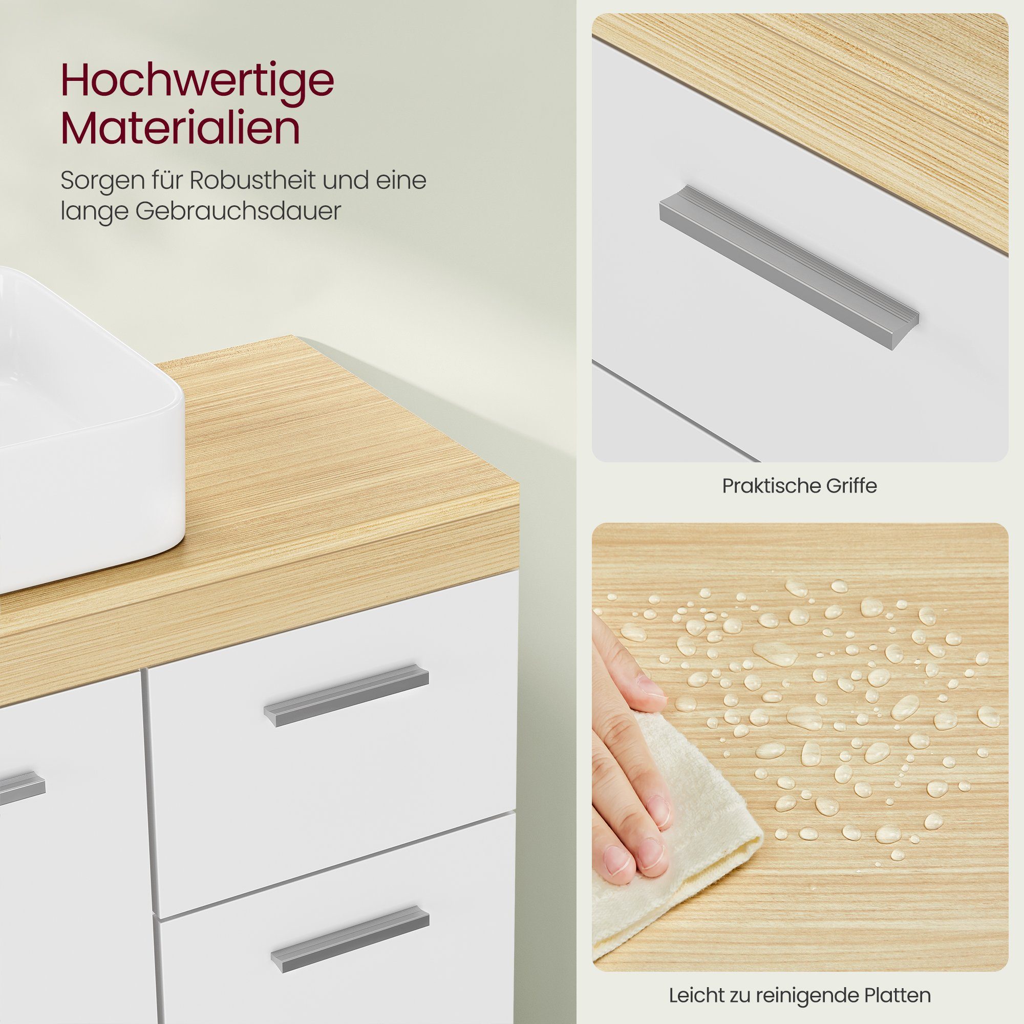 VASAGLE Waschbeckenunterschrank 3 Schubladen, mit Füßen, 30 x 70 x 64 cm