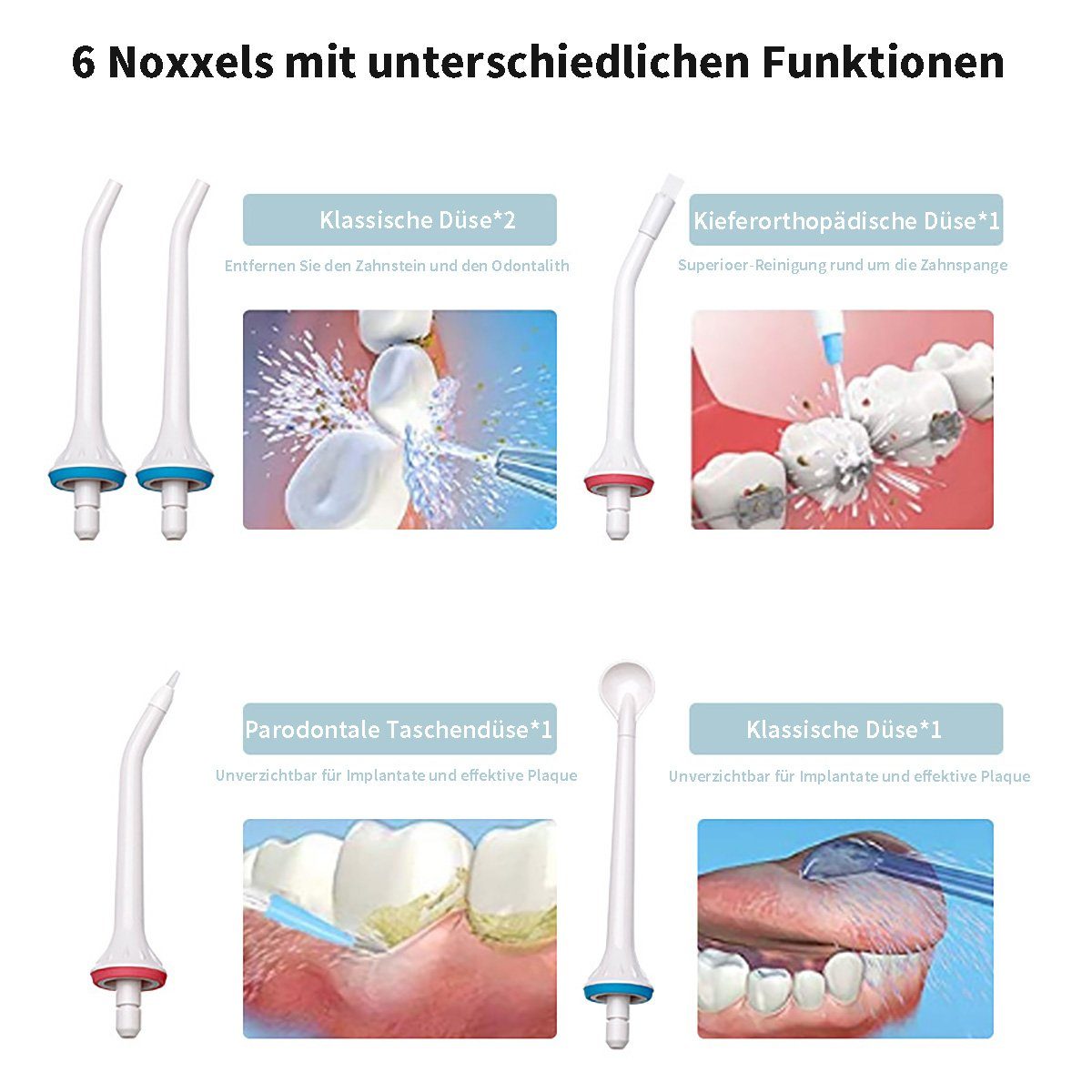 flowgoer Reise-Munddusche Kabellose Munddusche, elektrischer Zahnreiniger, 3 Modi, sechs Düsen, 3 Zubehör, USB-Schnellladung, lange Akkulaufzeit, 300ml Wassertank