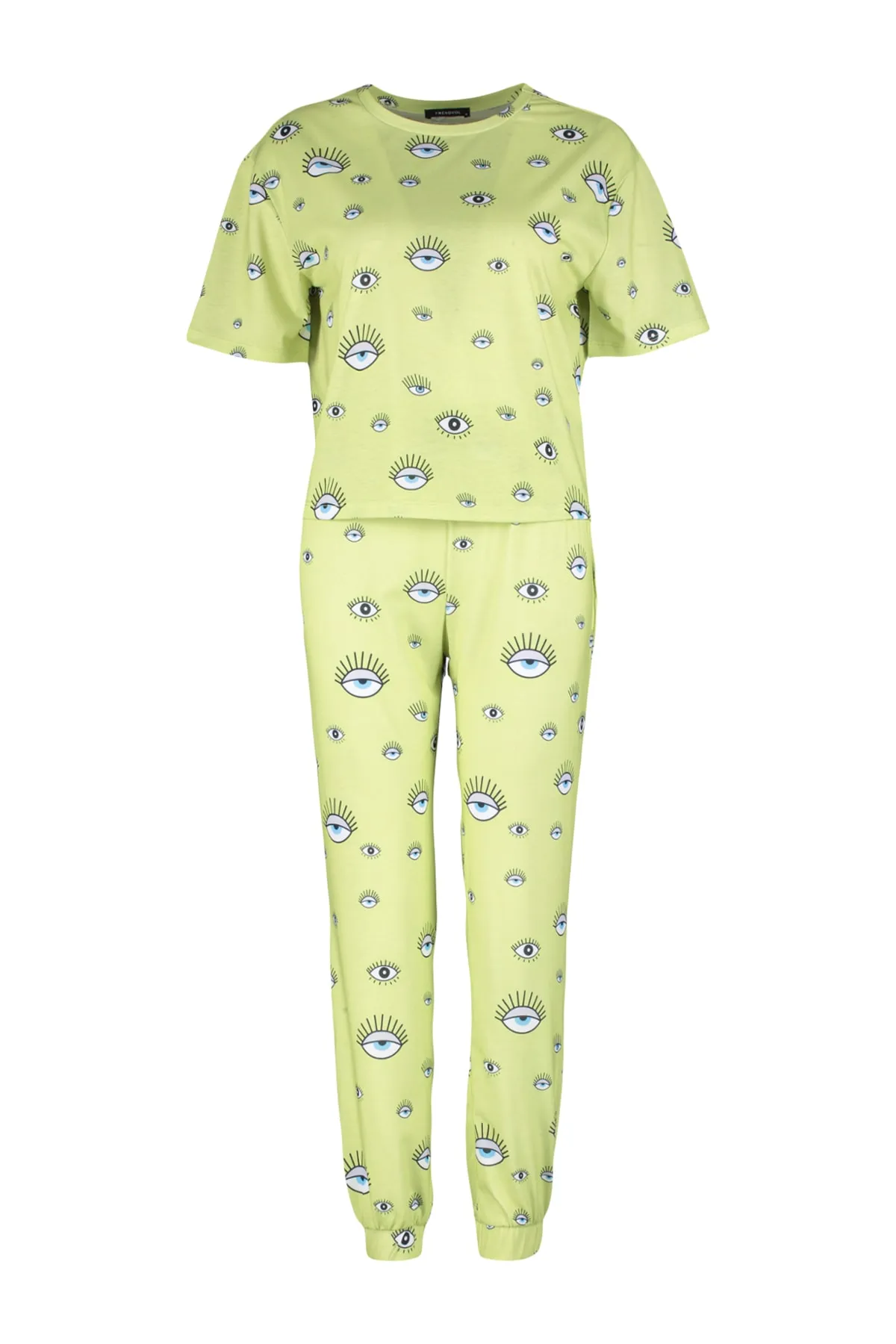 Trendyol Collection  Gestricktes Pyjama-Set mit T-Shirt und Hose mit grünem Augenmuster THMSS21PT0236