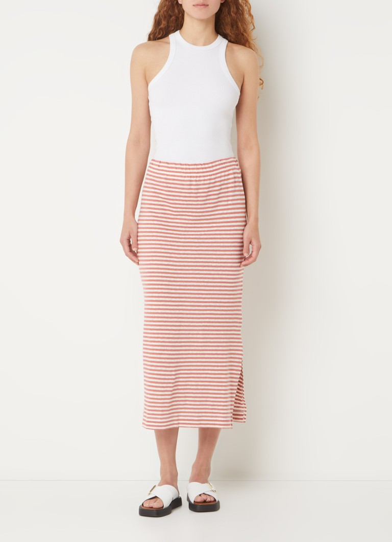 Penn & Ink Midi skirt in linen blend with stripe print