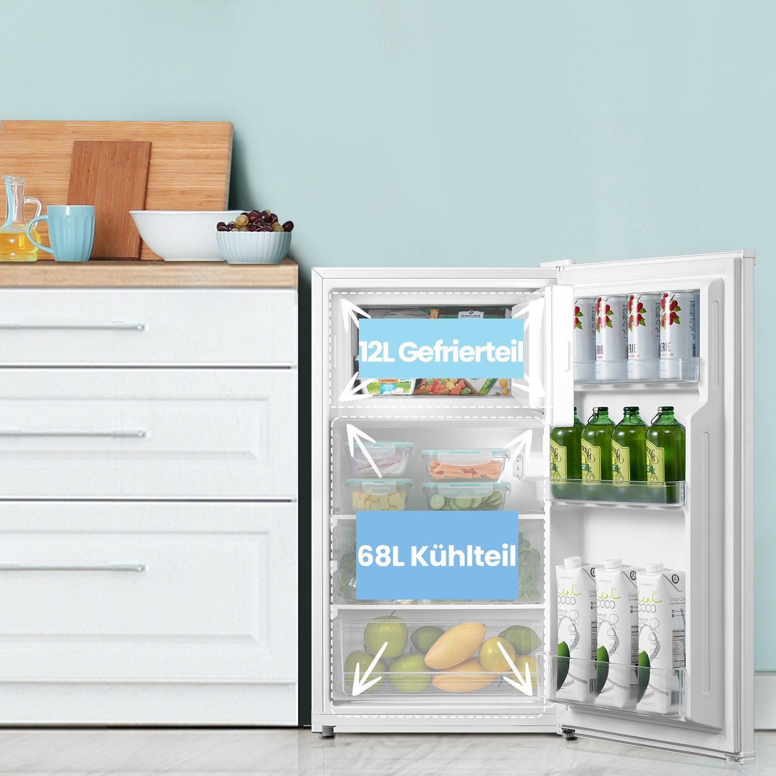comfee Kühlschrank RCD80WH2(E), 84.5 cm hoch, 47.5 cm breit, Verstellbarer Fuß, Herausnehmbares Regal, Geringes Rauschen