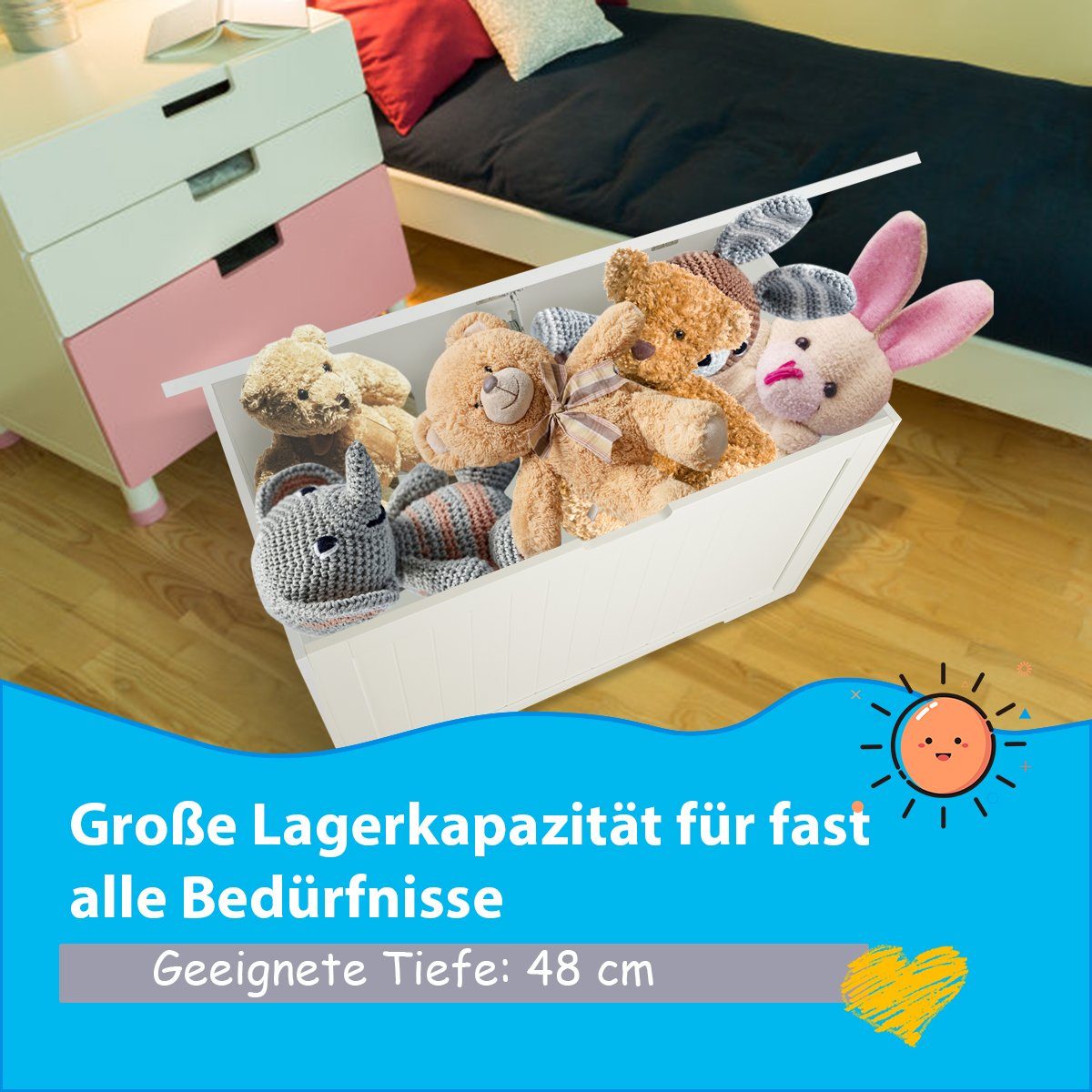 COSTWAY Spielzeugtruhe, Kinder, mit Deckel & Seitengriffe, 113L, 76x40,5x48cm