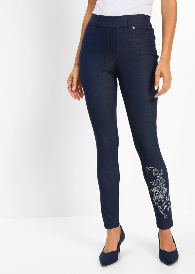 Thermojeggings mit Blütendruck und Glitzersteinen