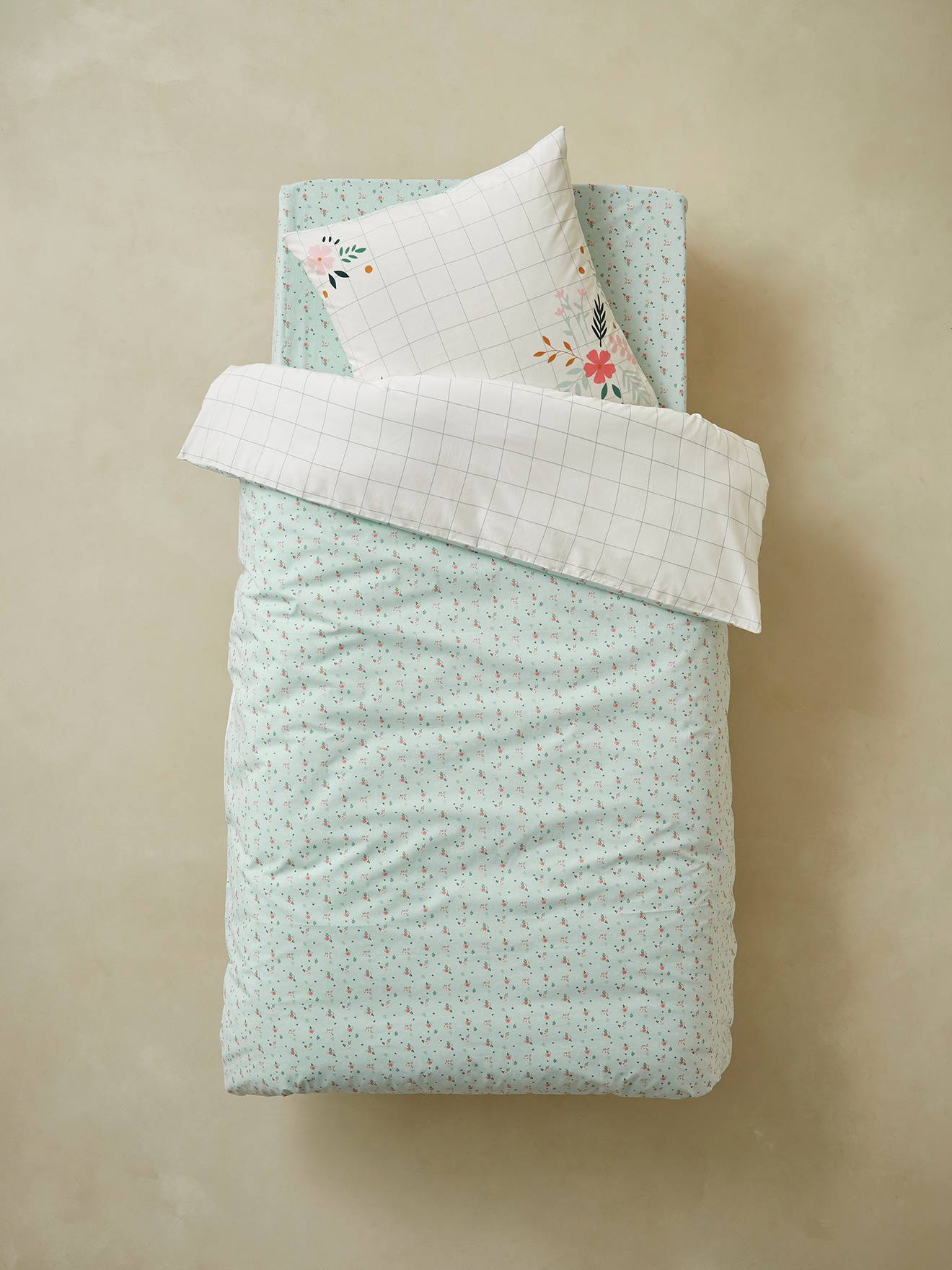 Parure housse de couette + taie d'oreiller enfant Bio Collection FLOREALE ecru/bleu grisé