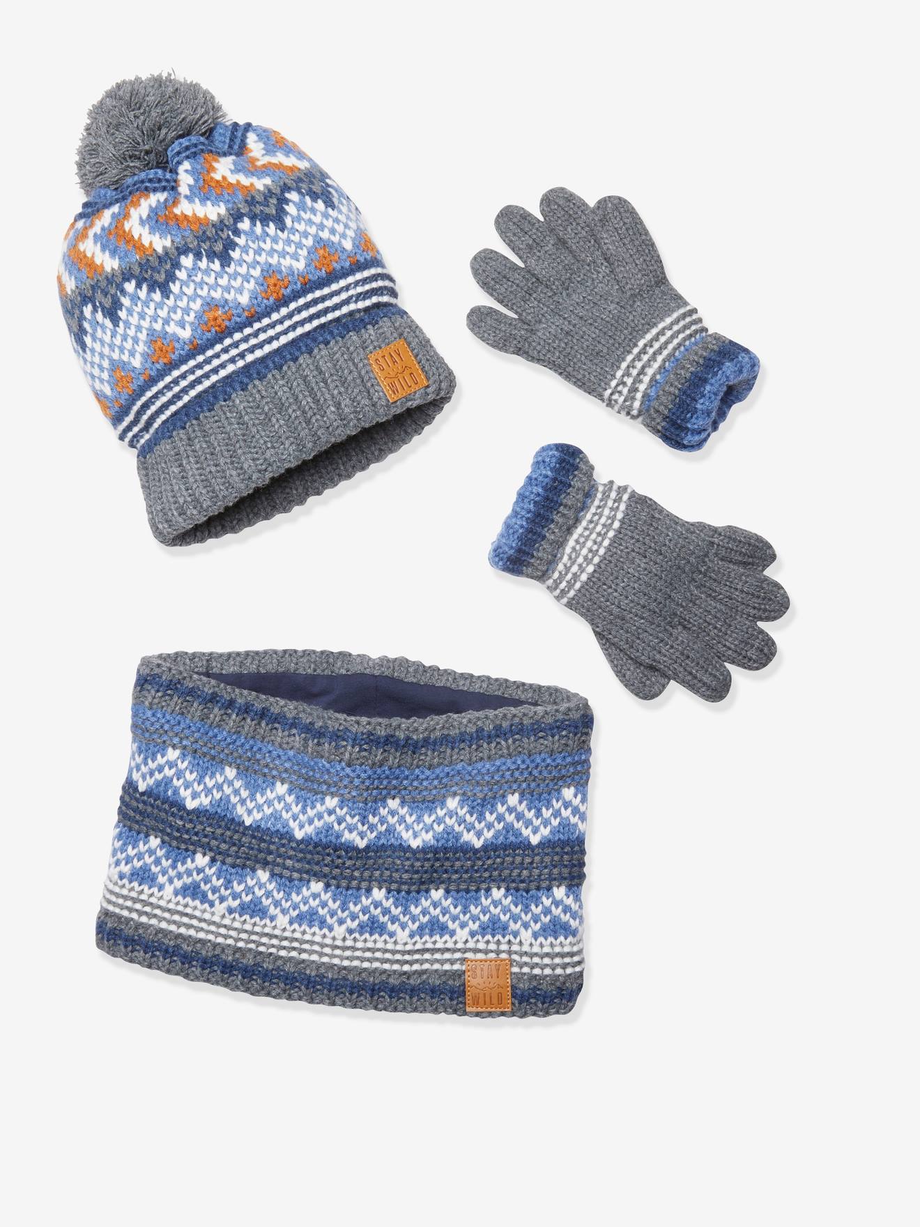 Ensemble garçon bonnet + snood + gants bleu chiné