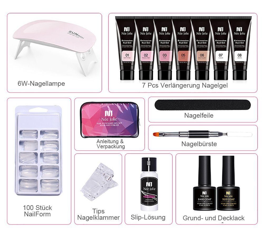 Scheiffy Nagellack-Set 15ml 7 Farben Nagelverlängerung Set 16 Stück, Nagelverlängerung, Nagelwerkzeuge, Nagellampe, Style 1/01/02/05