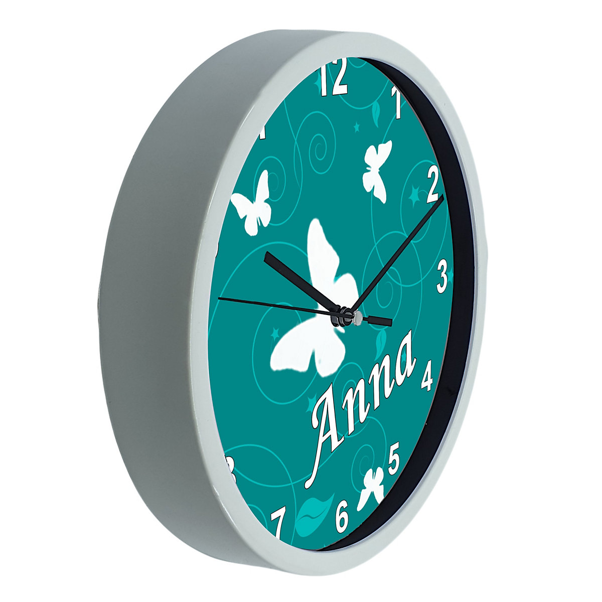 Kinder Wanduhr personalisiert mit Name Schmetterling Petrol