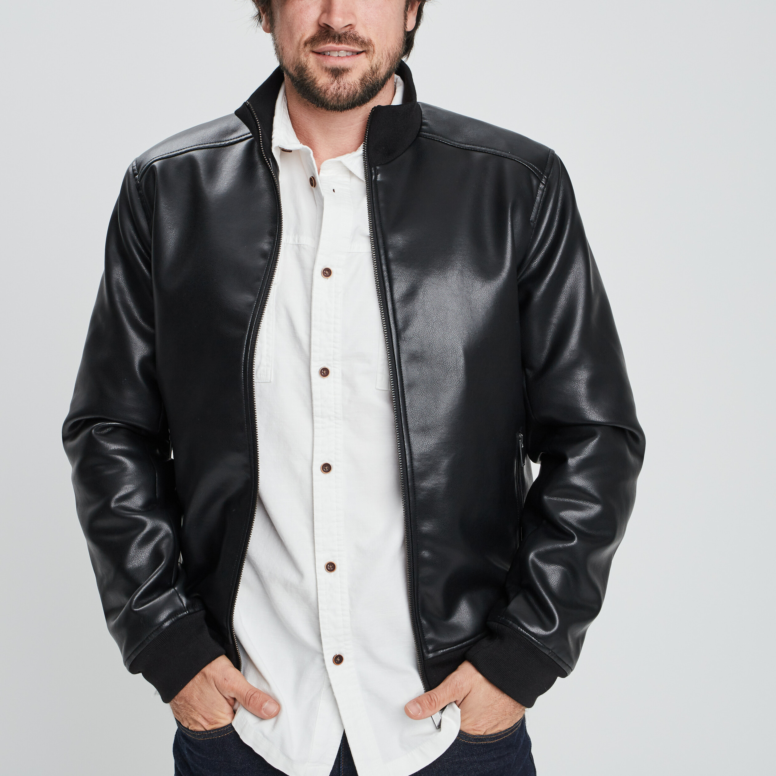 Veste zippée à col montant simili cuir noir homme | La Halle