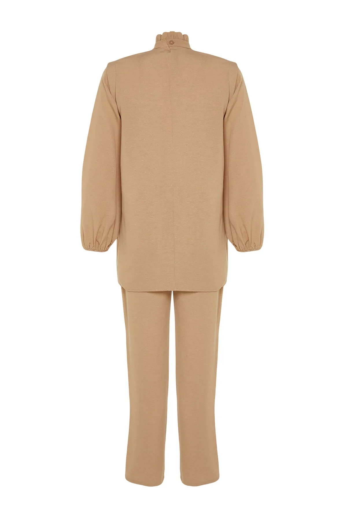 Trendyol Modest  Beiges Tunika-Hosen-Set mit Gipe-Detail in Leinenoptik TCTSS23US00075