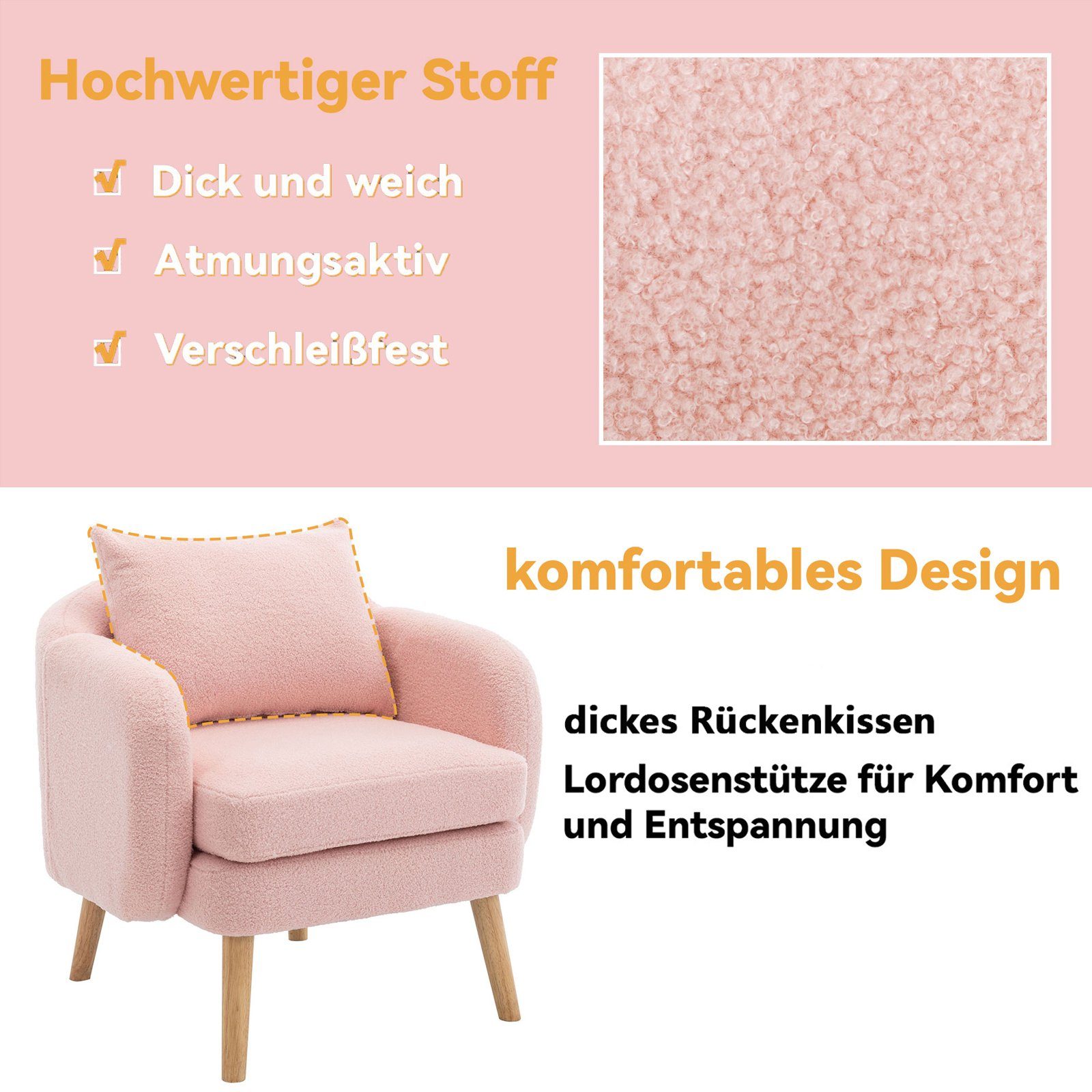 KLAM HOME Sessel Ohrensessel, Relaxsessel, Lehnsessel mit super dickes Kissen (Armlehnensessel TV-Sessel bis 150 kg Belastbar), Einzelsofa gepolsterter Ohrensessel mit Massivholz-Bein