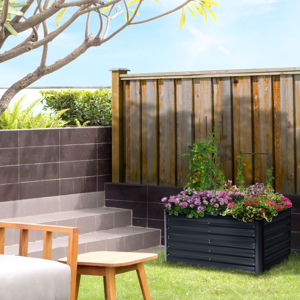 Outsunny 3-teiliges Set Pflanzkasten mit Stützgitter Gartenbeet für Garten Stahl Grau