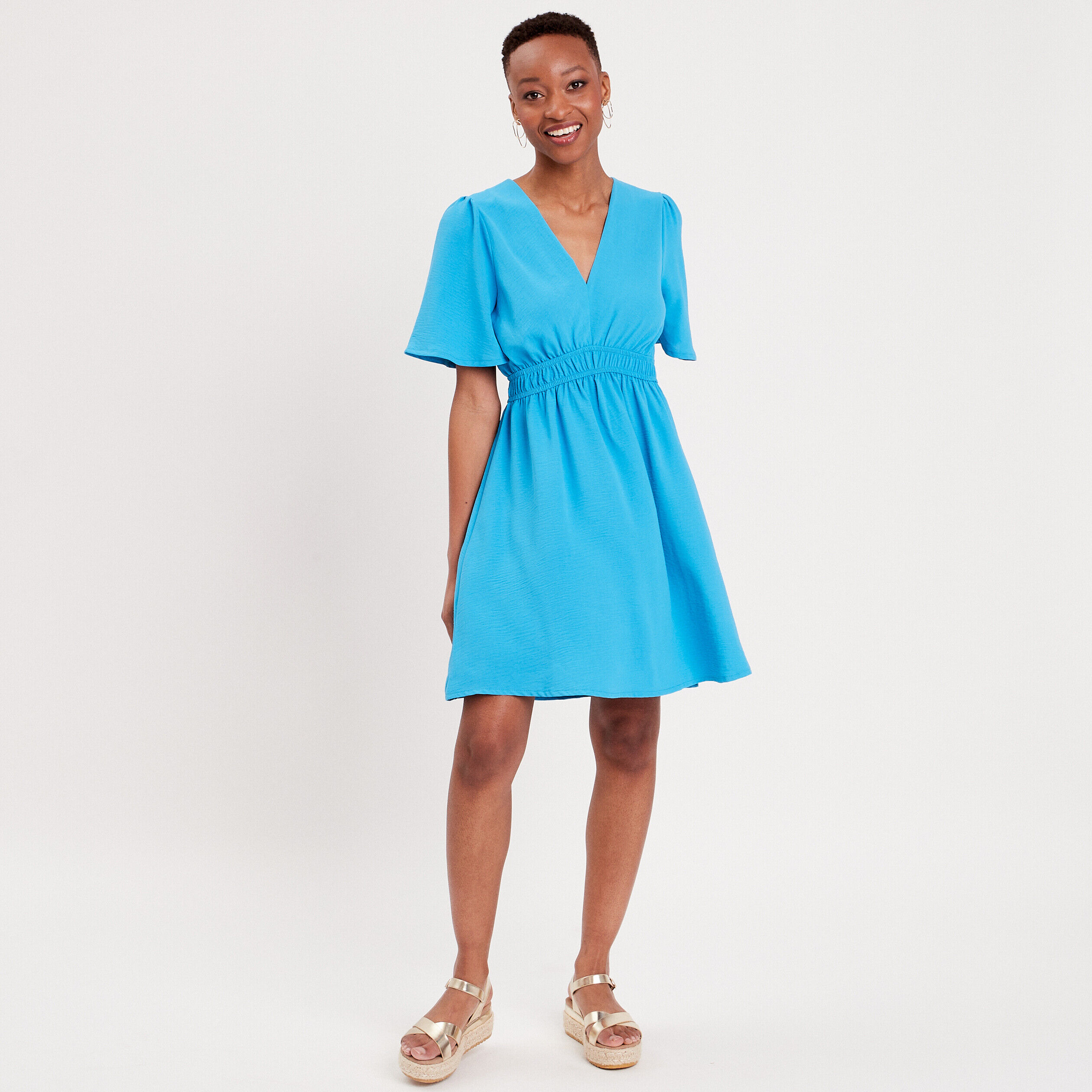 Robe évasée fluide élastiquée bleu femme | Cache Cache