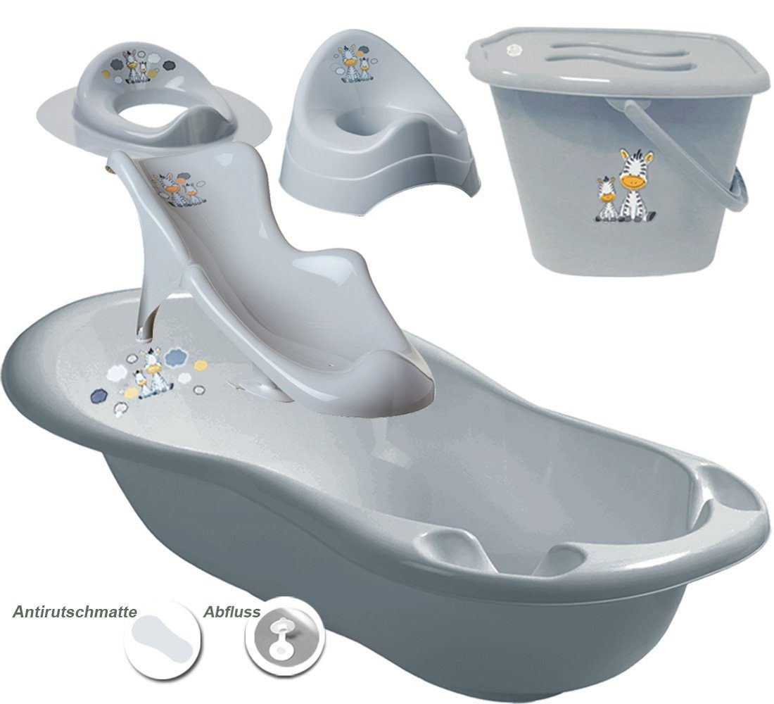 Maltex Babybadewanne 5 Teile SET - Zebra Grau - - Badeset Baby Wanne 84 cm, (Premium.set 5 tlg), = WANNE + BADESITZ + TÖPFCHEN + WC AUFSATZ + WINDELEIMER