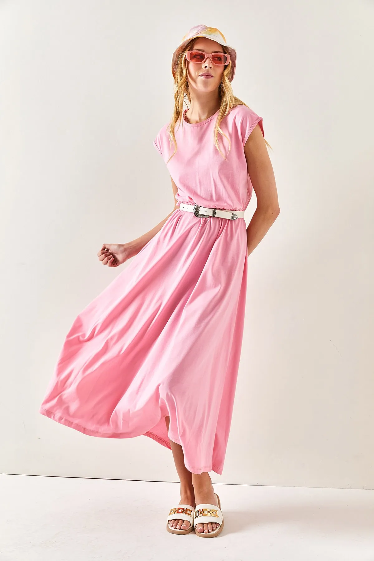 Olalook  Rosa Fledermaus-Baumwollkleid für Damen mit elastischem Bund ELB-19001509