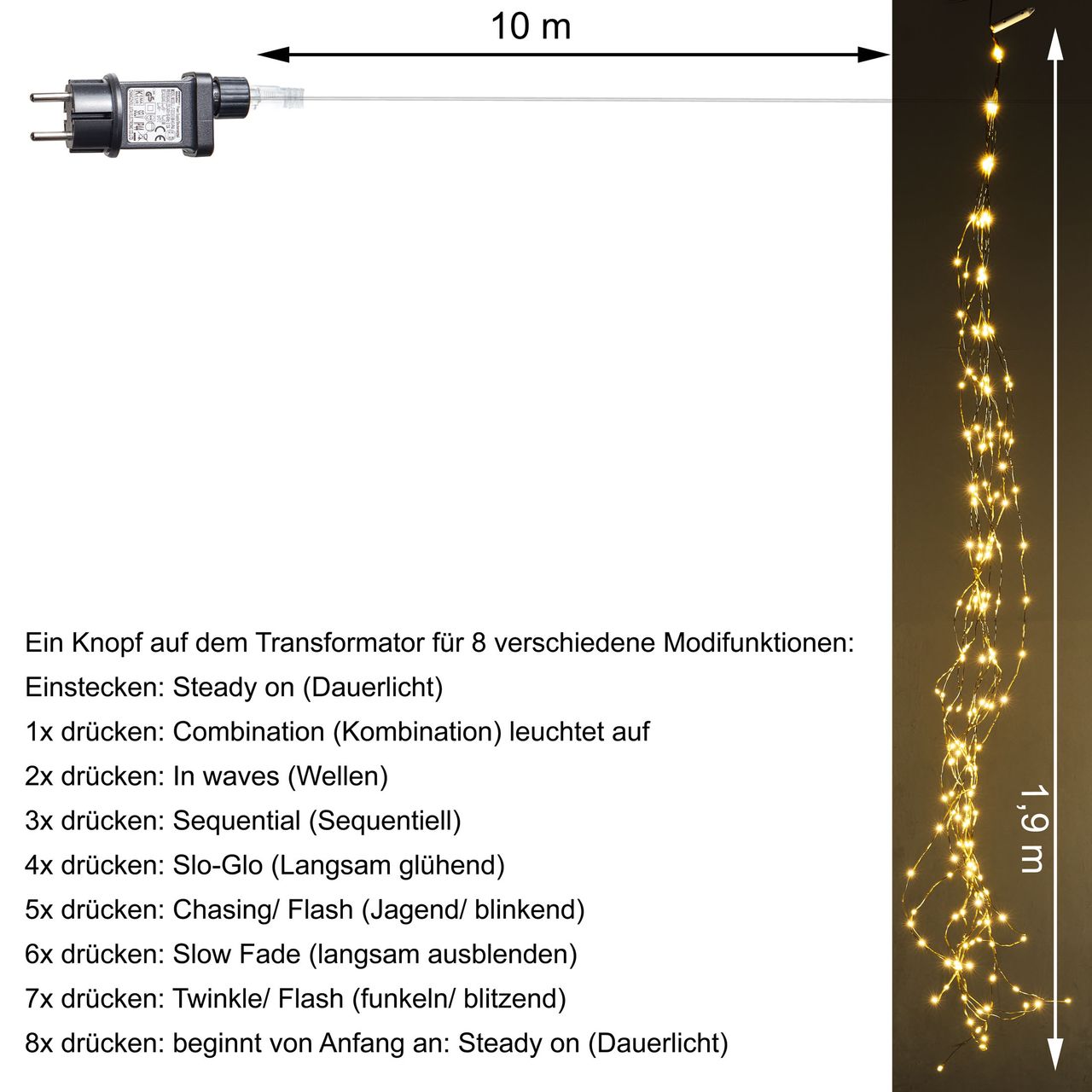 Weles AMARE LED Lichterschweif Länge pro Strang 1,9 m (zzgl. 5 m Zuleitung), LED Farbe warmweiß, für den Innen- und Außenbereich, 8 Leuchtmodi/Fernbedienung/Timer/Dimmfunktion