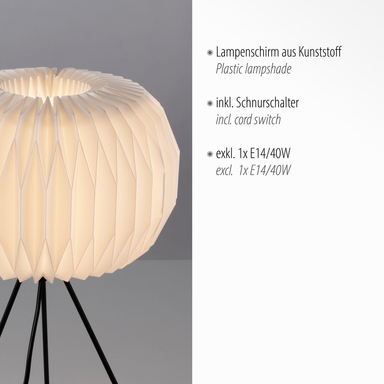 JUST LIGHT LeuchtenDirekt Tischleuchte PAPEL, 3-Bein, weißer Kunststoffschirm, mit Schnurschalter,  IP20