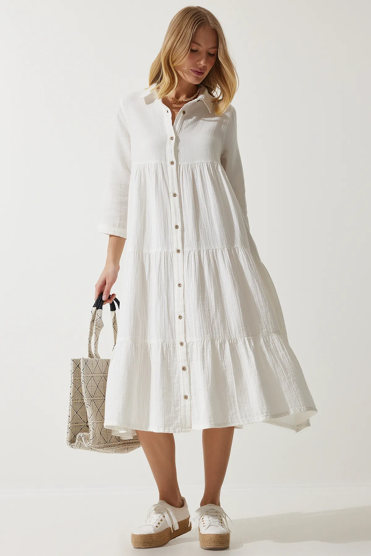 Happiness İstanbul  Ecrufarbenes ausgestelltes Musselin-Hemdkleid für Damen SA00024