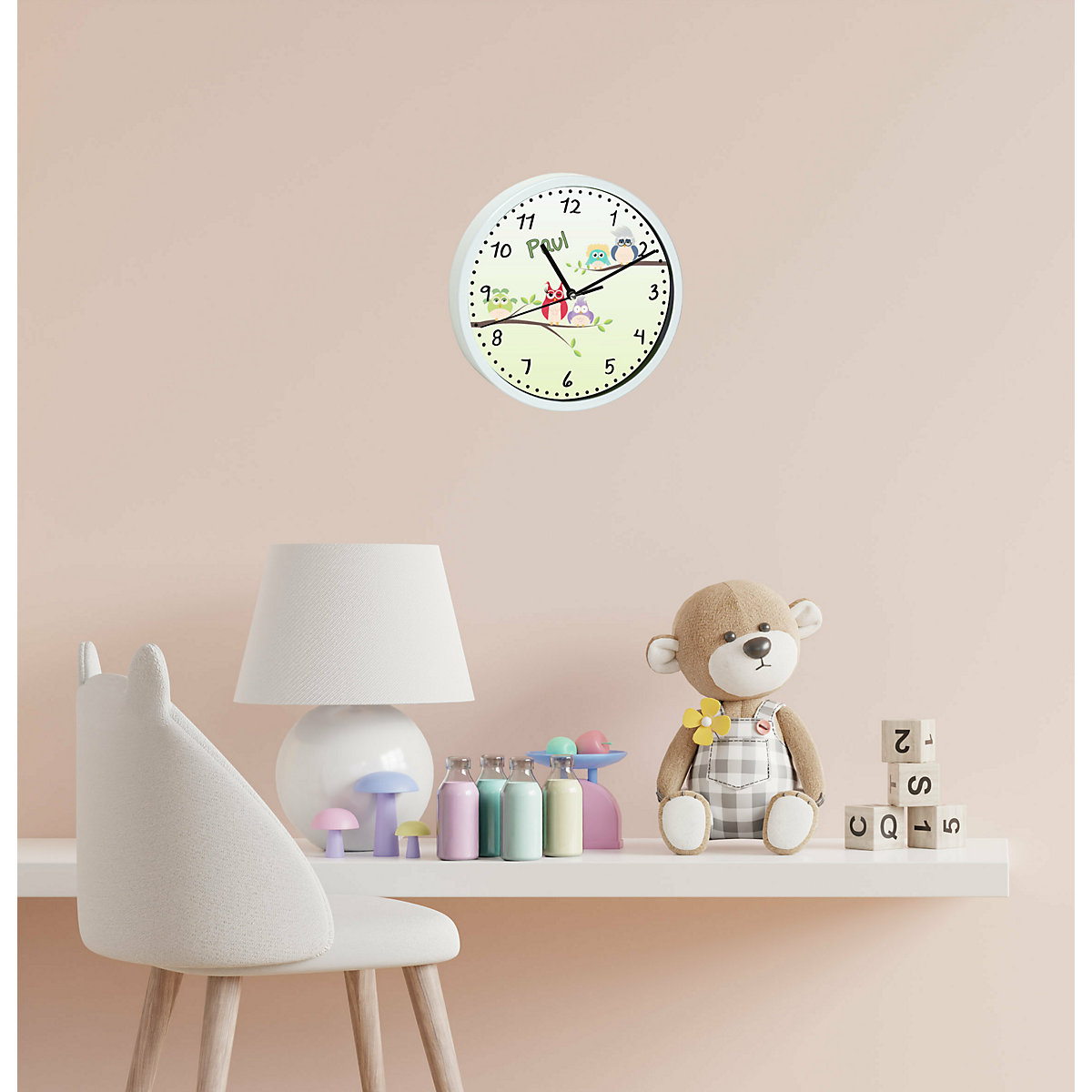 Kinder Wanduhr personalisiert mit Name Eulenfamilie