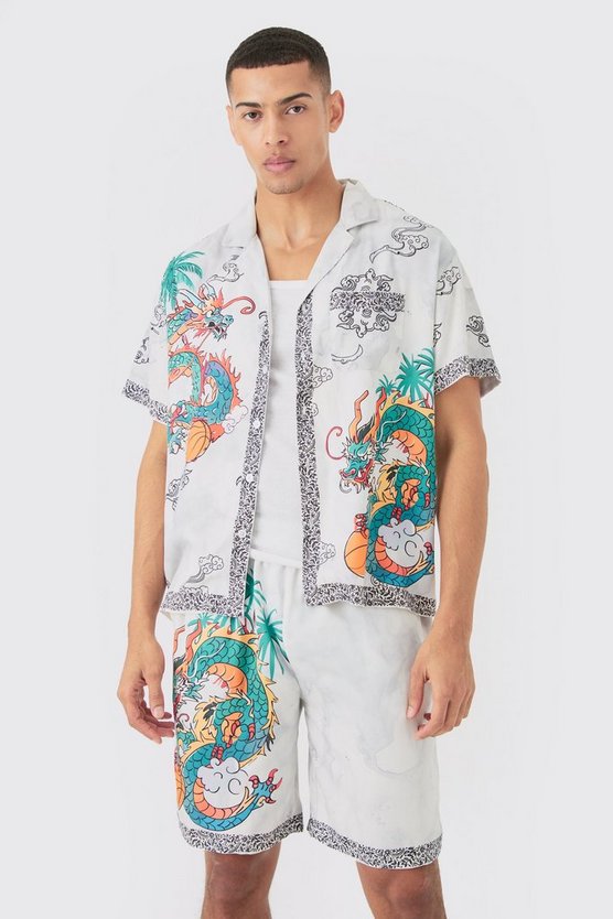 Kastiges Viskose-Hemd und Shorts mit Drachen-Print