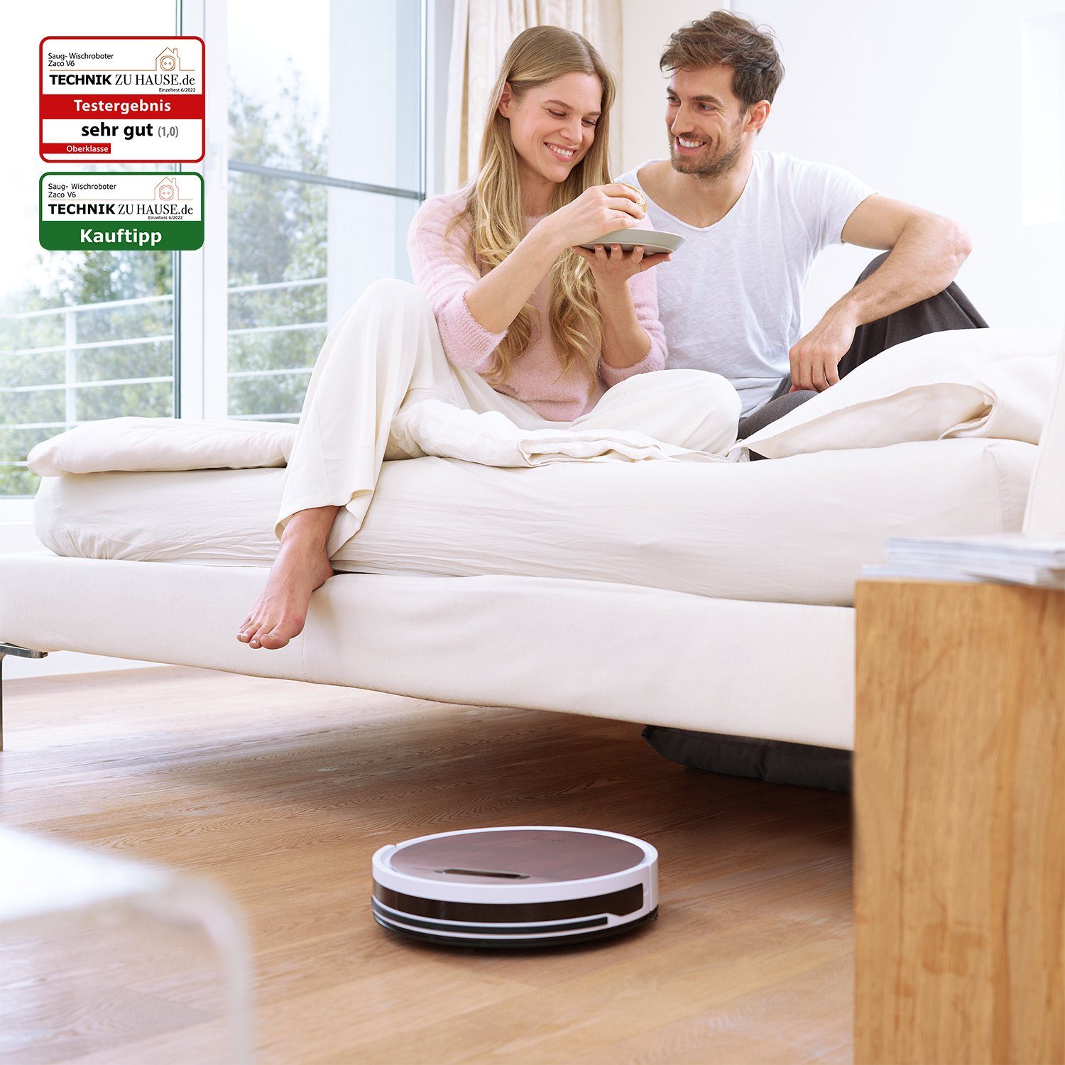 ZACO Nass-Trocken-Saugroboter V6, 22 W, 600ml beutelloser Staubtank oder 1000ml Staubbeutel, mit Wischfunktion, SmartHome, App, Alexa, für Tierhaar & Allergiker