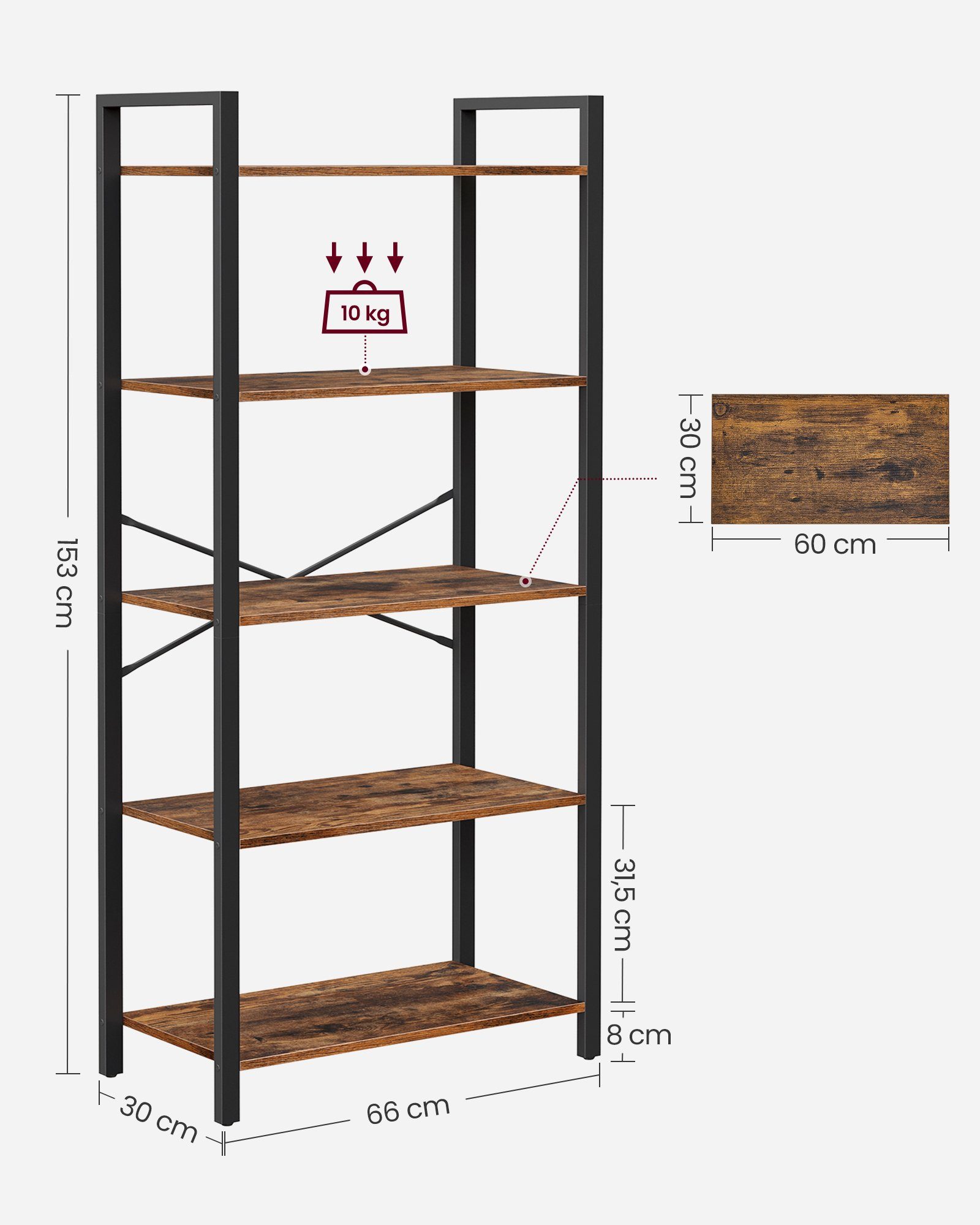 VASAGLE Bücherregal Standregal, 120/153/186 cm, mit 4/5/6 Ebenen