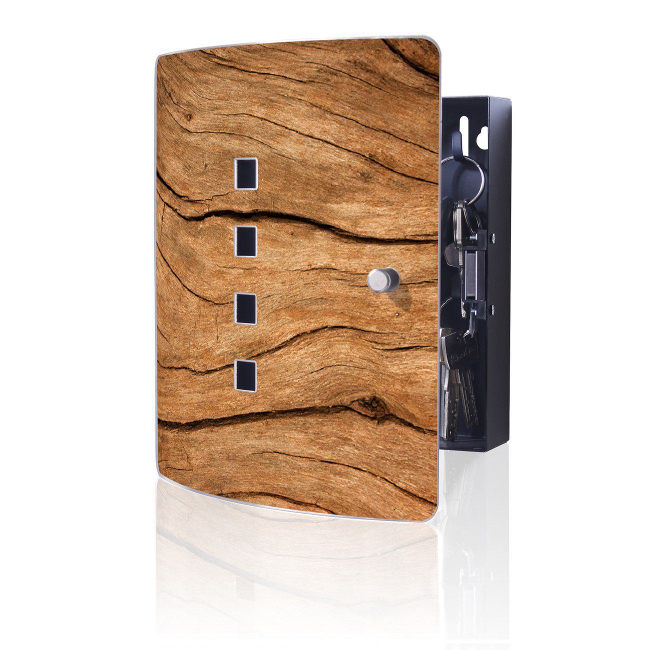 banjado Schlüsselkasten Edelstahl Trockenes Holz (verstellbarer Magnetverschluss, mit 10 Haken), 24 x 21,5 x 7 cm